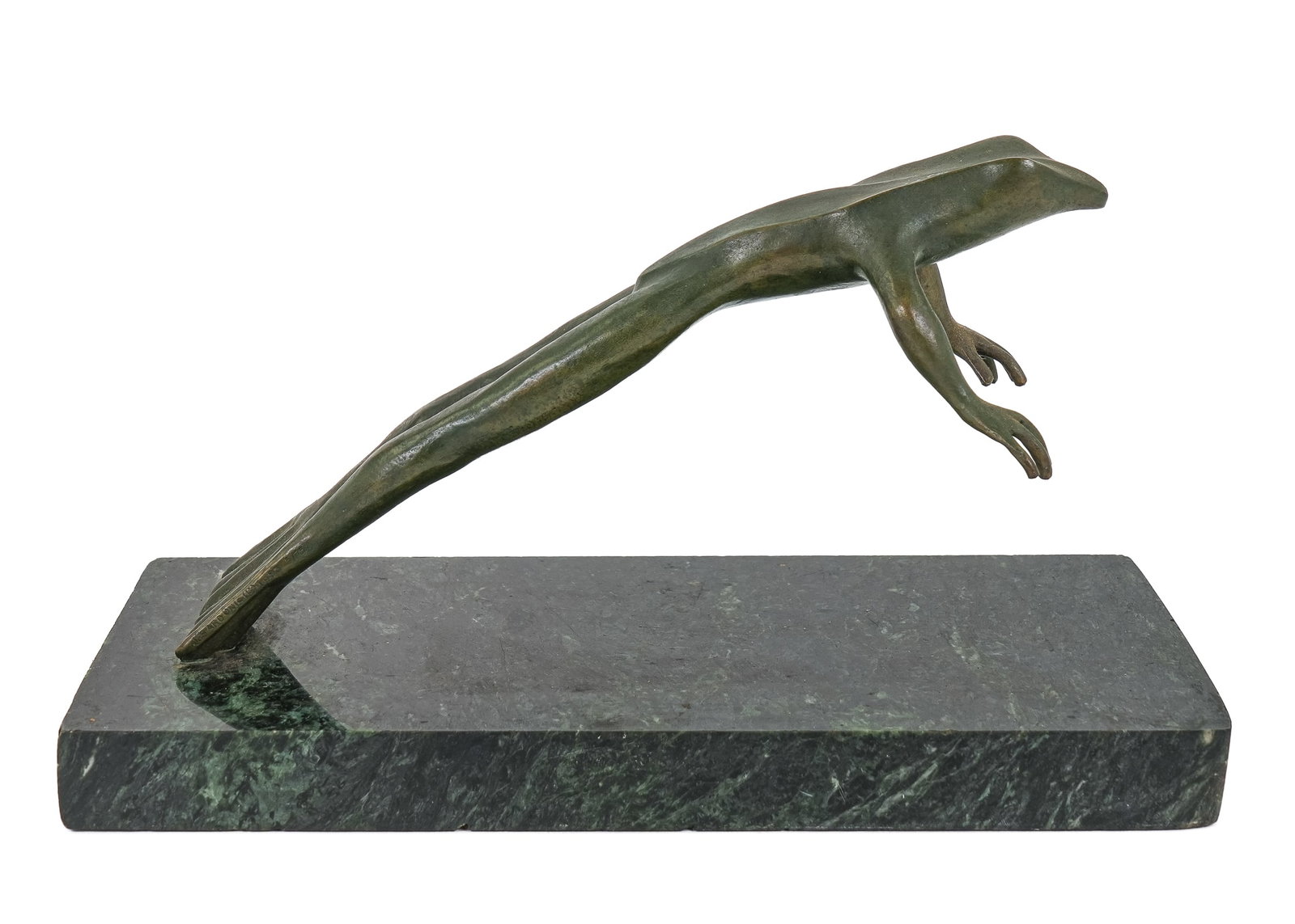 Art Deco Style Leaping Frog Bronze: Mid Century Art Deco style leaping frog, patinated bronze, on black marble base, unsigned, frog length 10", overall 11" x 5" x 6"
