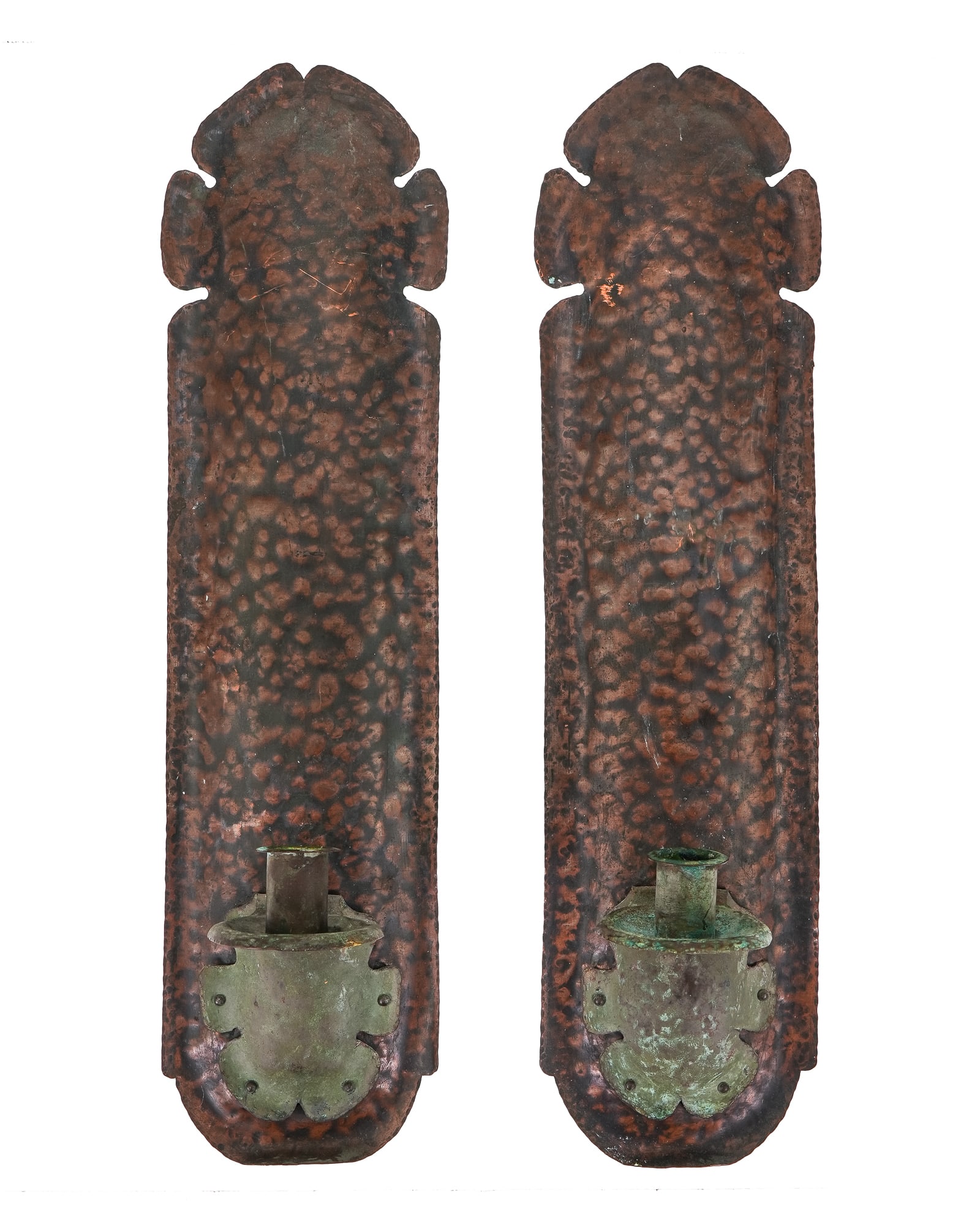 Arts & Crafts Hammered Copper Sconces: Pair of Arts & Crafts hammered copper and brass wall sconces, 16" x 4" x 2 3/4"