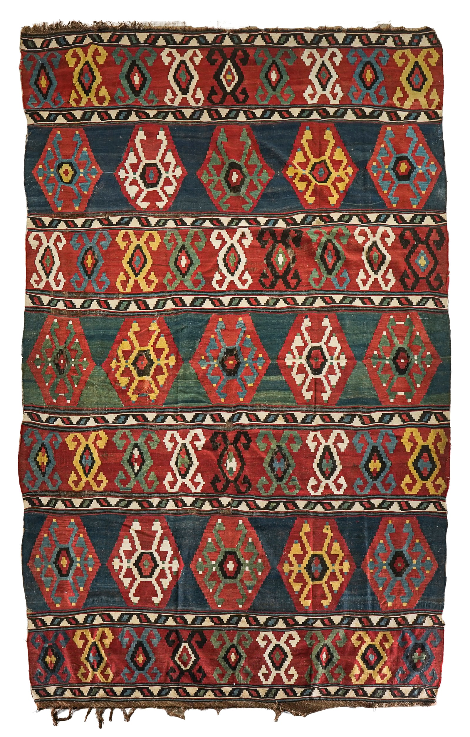 Mid 20th c Azerbaijan Flatwoven Rug: Mid 20th c Azerbaijan flat woven rug (damage), 6' 9" x 10' 5"