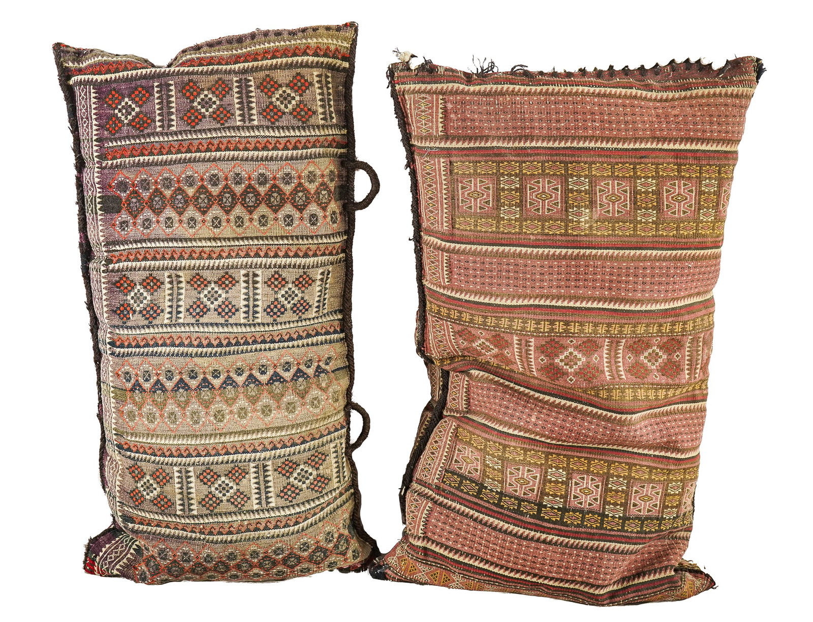 Late 20th c Flat Woven Bag Face/ Pillows: Late 20th c flat woven bag face/ pillows, shells decoration, 37" x 22"