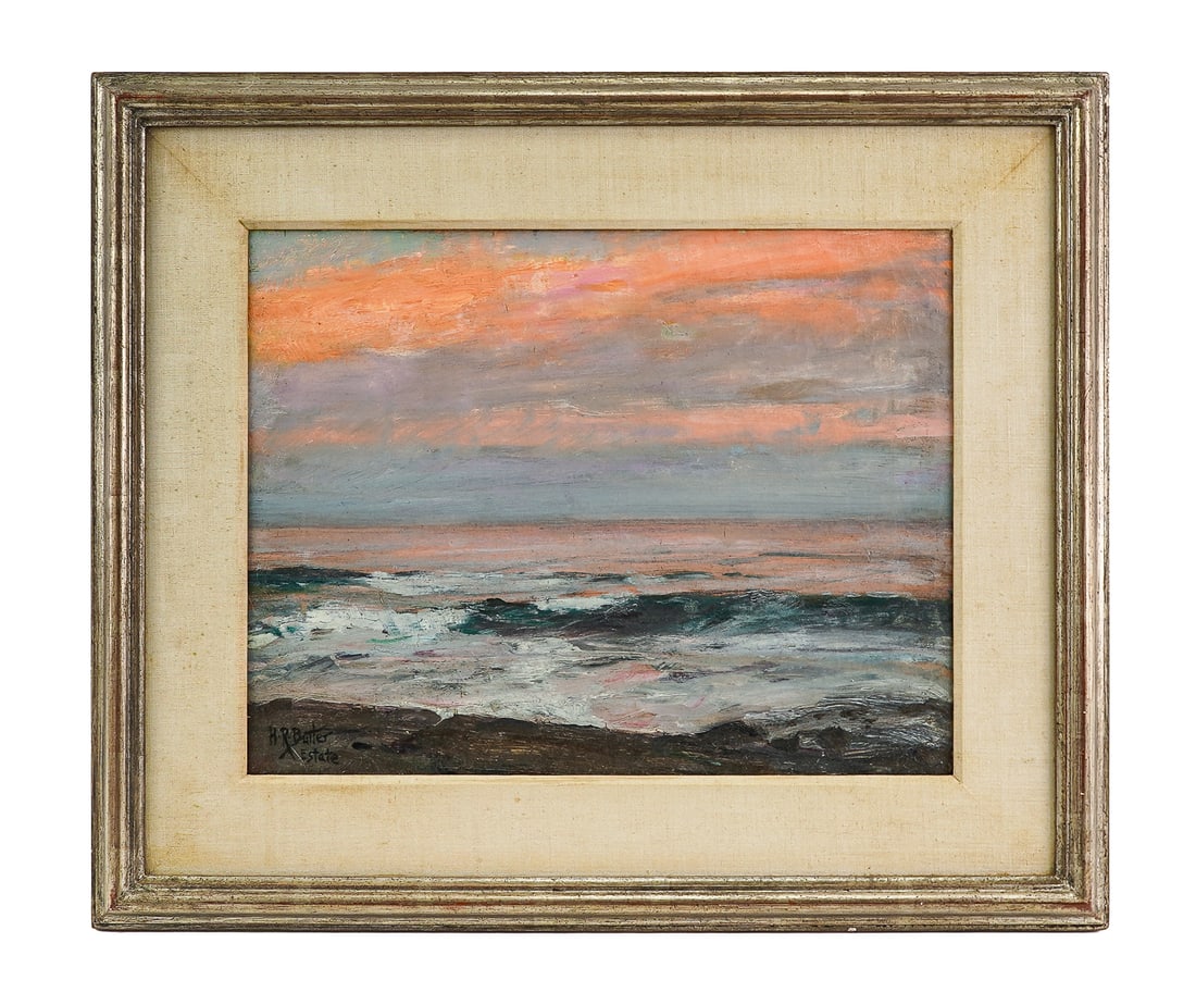 Oil on Canvas, by Howard Russell Butler (AM 1856-1934): Oil on canvas of sea shore titled, "Pink Slow on the Sea", 1907 by Howard Russell Butler (AM. 1856-1934). 18" x 14". 25" x 21" outside frame. Original display tag on stretcher with title and dated