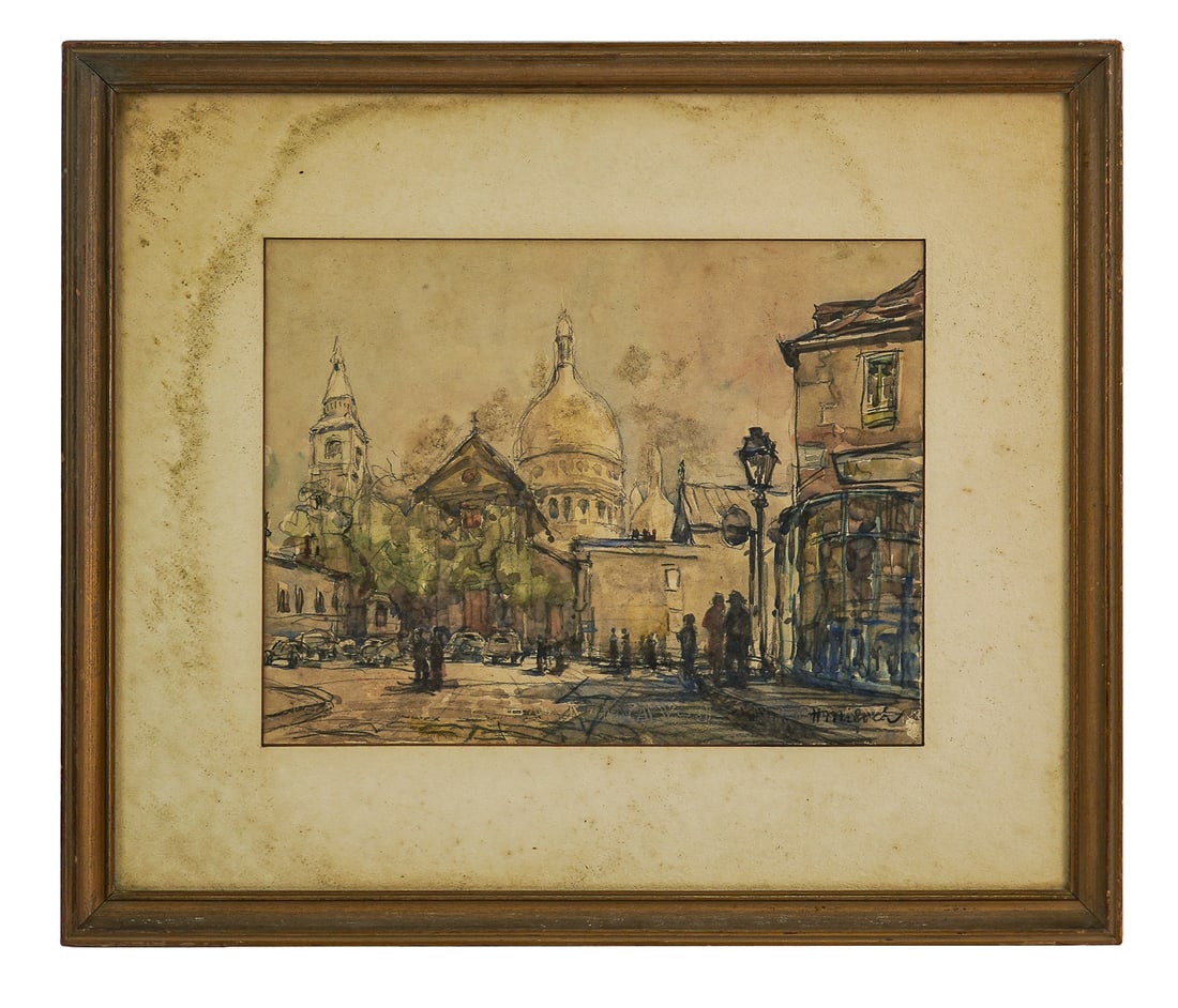 Watercolor, Sacre-Coeur Basilica Paris, by Henri Miloch (Fr. 1898-1979): Watercolor on paper of street scene in Paris with Sacre-Coeur Basilica. Signed by Henri Miloch (Fr. 1898-1979). 17" x 20" outside of frame. Some foxing on mat.