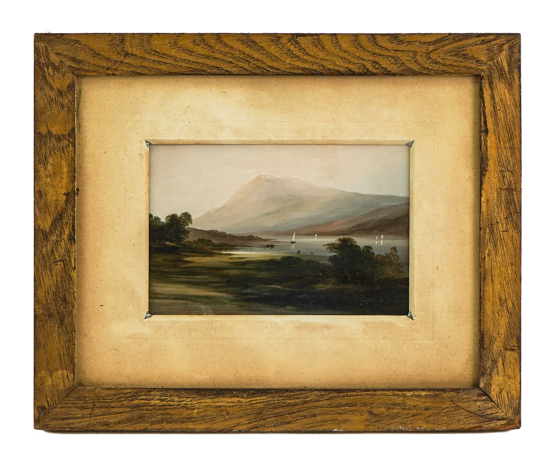 19th c Oil on Board Hudson River School Landscape: Fine 19th c oil on board scene of sail boats and distant mountain in a gilt oak frame with deep mat. 16" x 13".