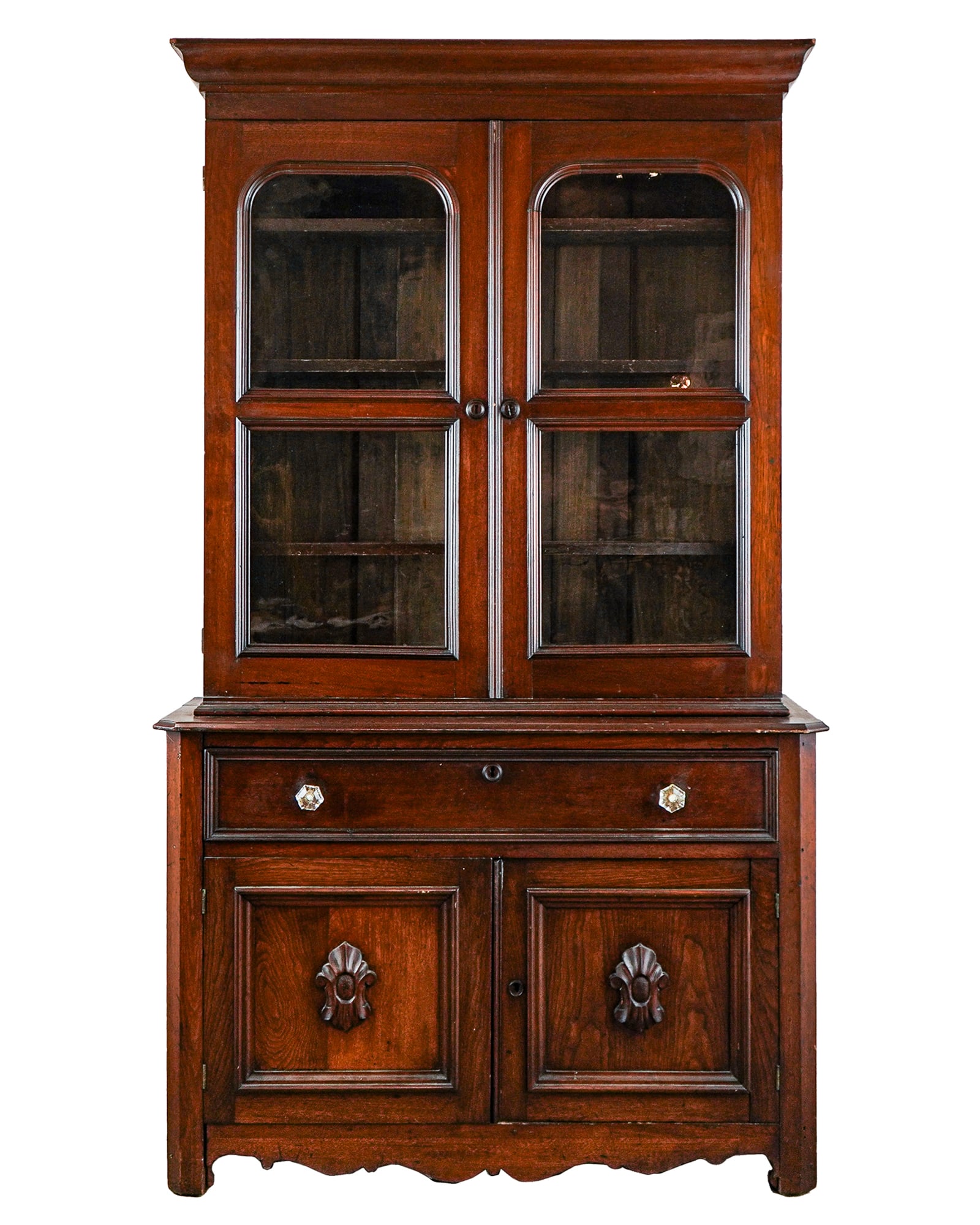 Victorian Walnut Secretary: Victorian black walnut 2 part secretary, with 2 door glass top, stepped back and drawers below, cornice width 42", case width base 44" top 38 1/2", overall ht 75 1/2"