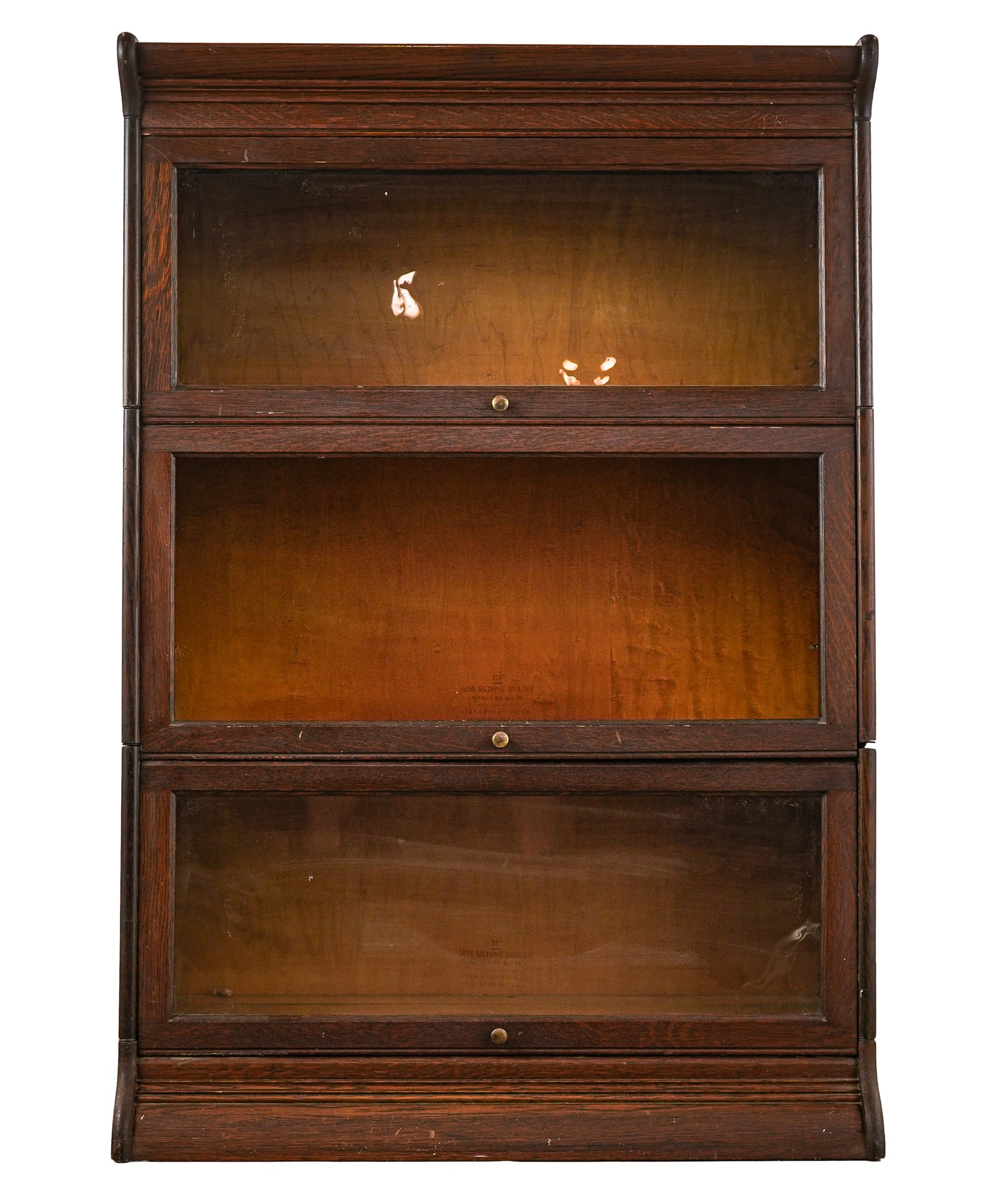 Oak Barrister Bookcase: Oak Barrister stacking bookcase, three section, missing one pc of glass, 34" x 14" x 50"