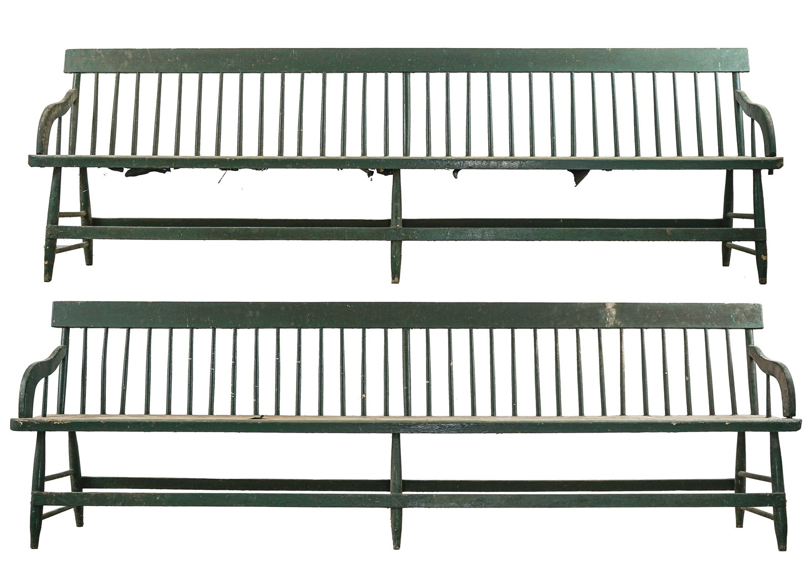 Pair of Green Deacon's Benches: Pair of long green painted deacon's benches or railroad benches, length 8' 6" (102"), seat ht 17 1/4"