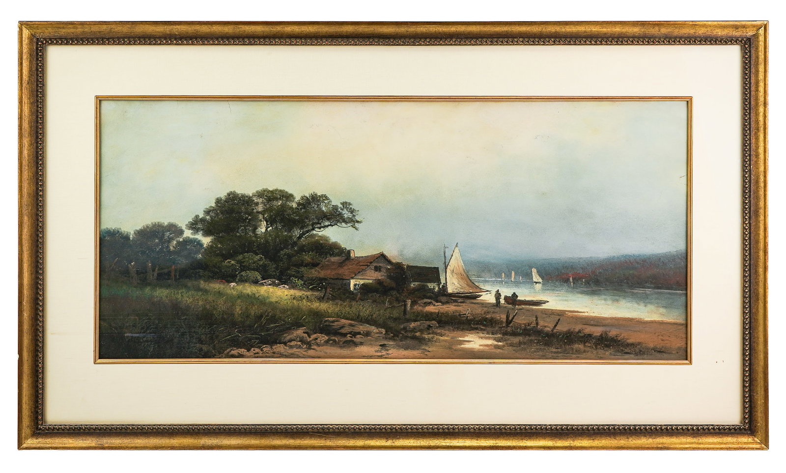 Large Ca. 1900 Pastel Seashore Landscape: Ca. 1900 large pastel landscape of seashore with cottage, boats, & people. Image is 17" x 39", nice matting and frame, 28" x 50". Not signed. Crack to board lower left.