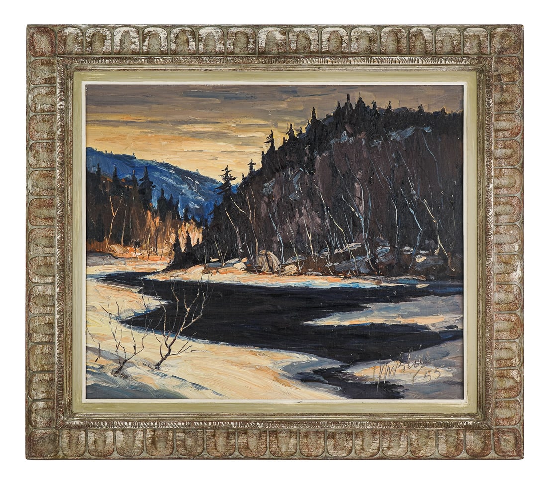 Mid 20th c Oil on Canvas Winter River Landscape: Mid 20th c oil on canvas winter river landscape titled on "Riviere du Nord" 8th Marquenite. Signed Jean Blier 55. Jean Blier (Canadian 1921-1994). 24" x 30". Original frame, 34" x 40".