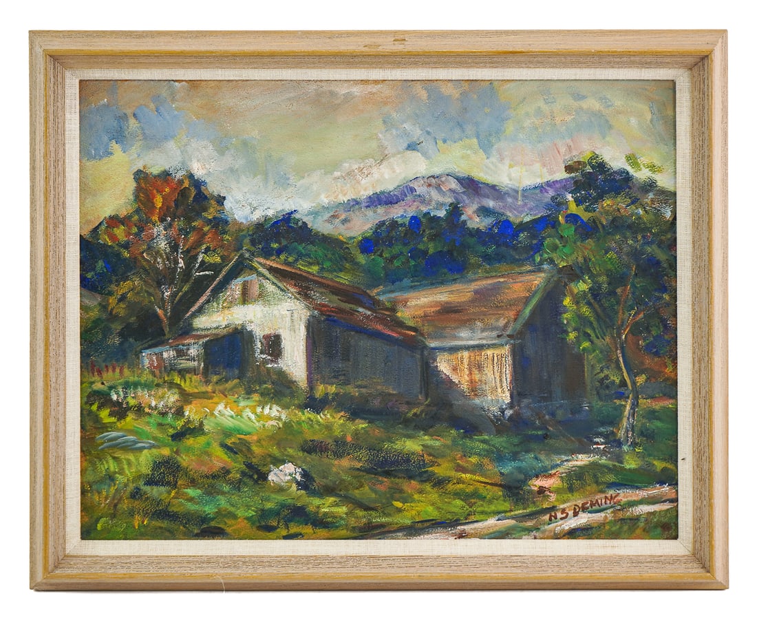 Summer Barn Landscape by N S Deming: Mid 20th c oil on board Vermont summer landscape of house & barn in the mountains. Rockport School. Signed N S Deming. 21" x 17" outside of frame.