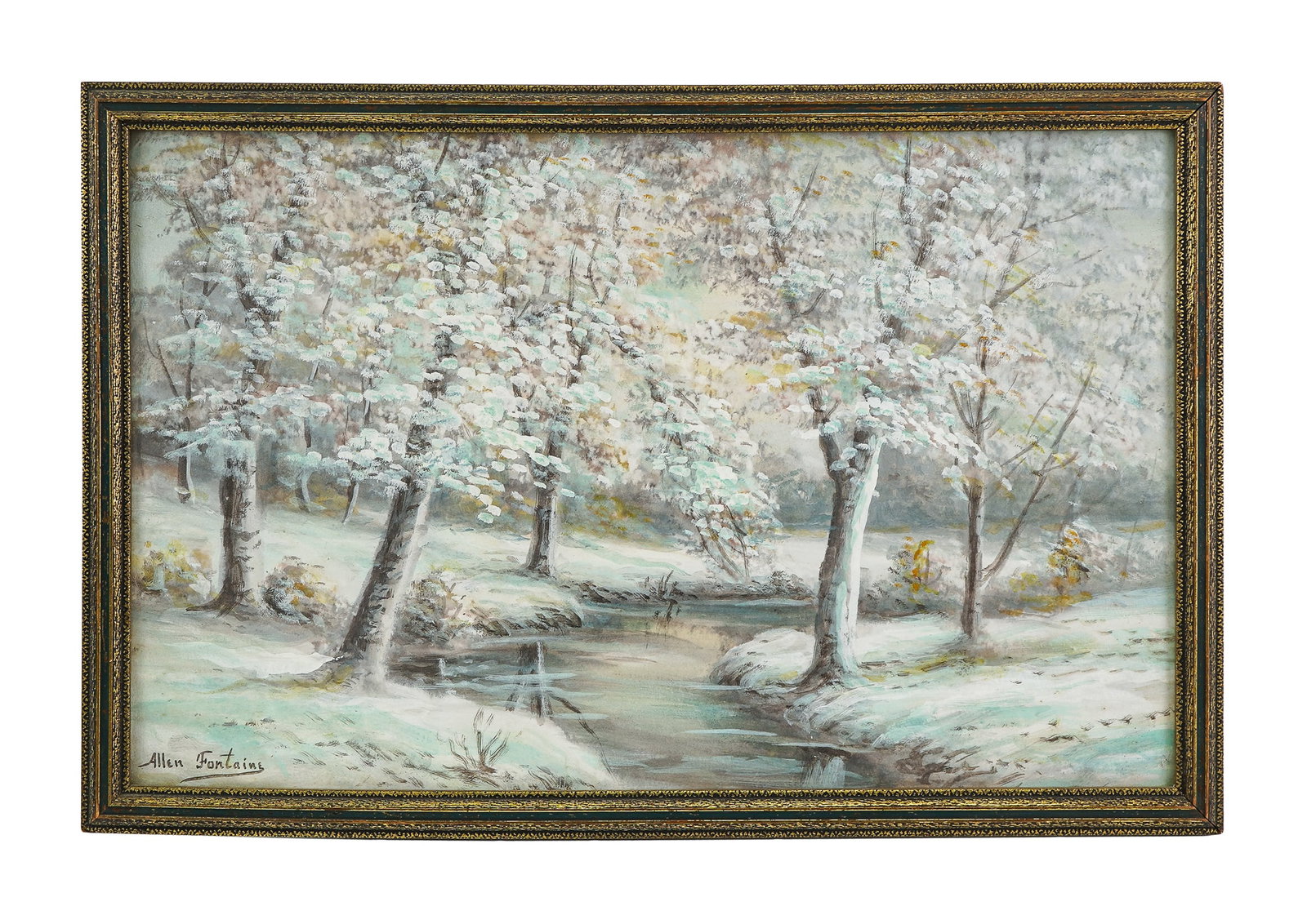 Winter Landscape by Allen Fontaine: Watercolor & gouache on paper, winter river landscape, signed Allen Fontaine (AM. 1861-1962). 16" x 24" outside of frame. Appears to have original frame and mat. Foxing, good condition. Predominately