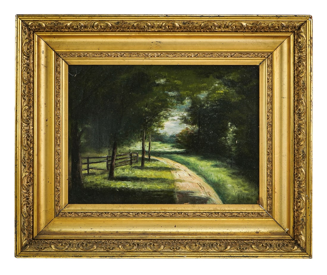 19th c American Impressionistic Road Landscape: Ca. 1870 oil on canvas image of a country road and fence in summer impressionistic landscape. Fine period gilt gesso frame. 18" x 15" to outside of frame.