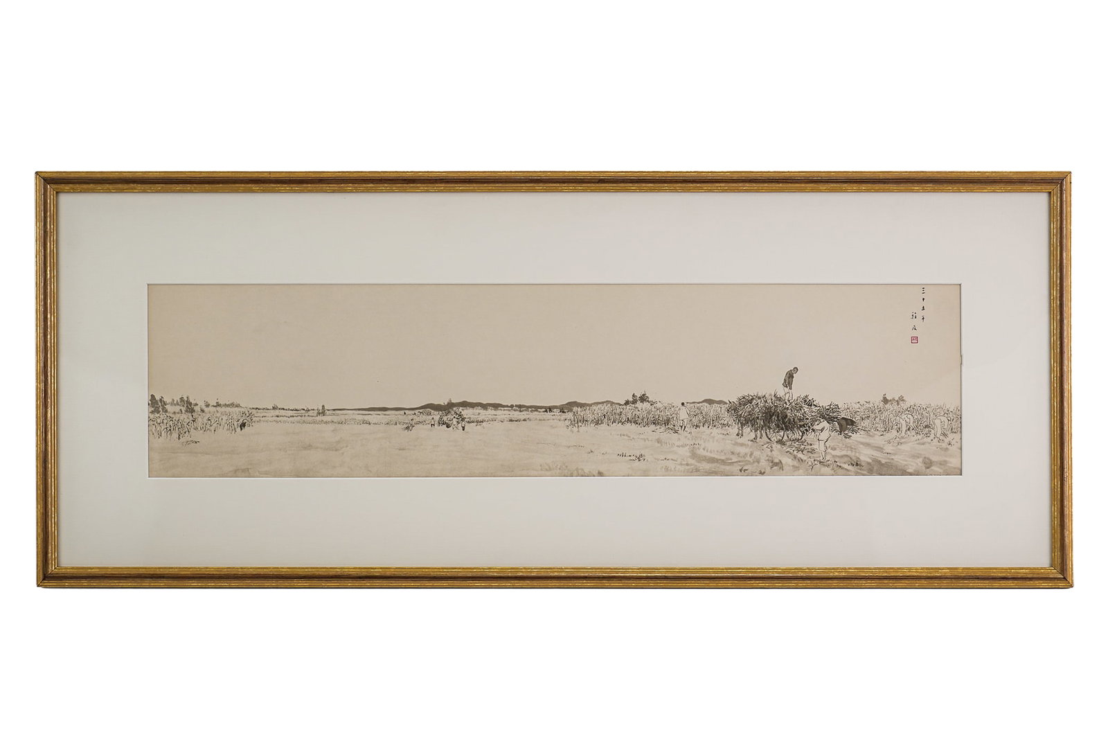 Print, Chinese Harvest, Ca. 1935: Print of a harvest scene in China, appears to be dated 1935. 35" x 14" outside frame.