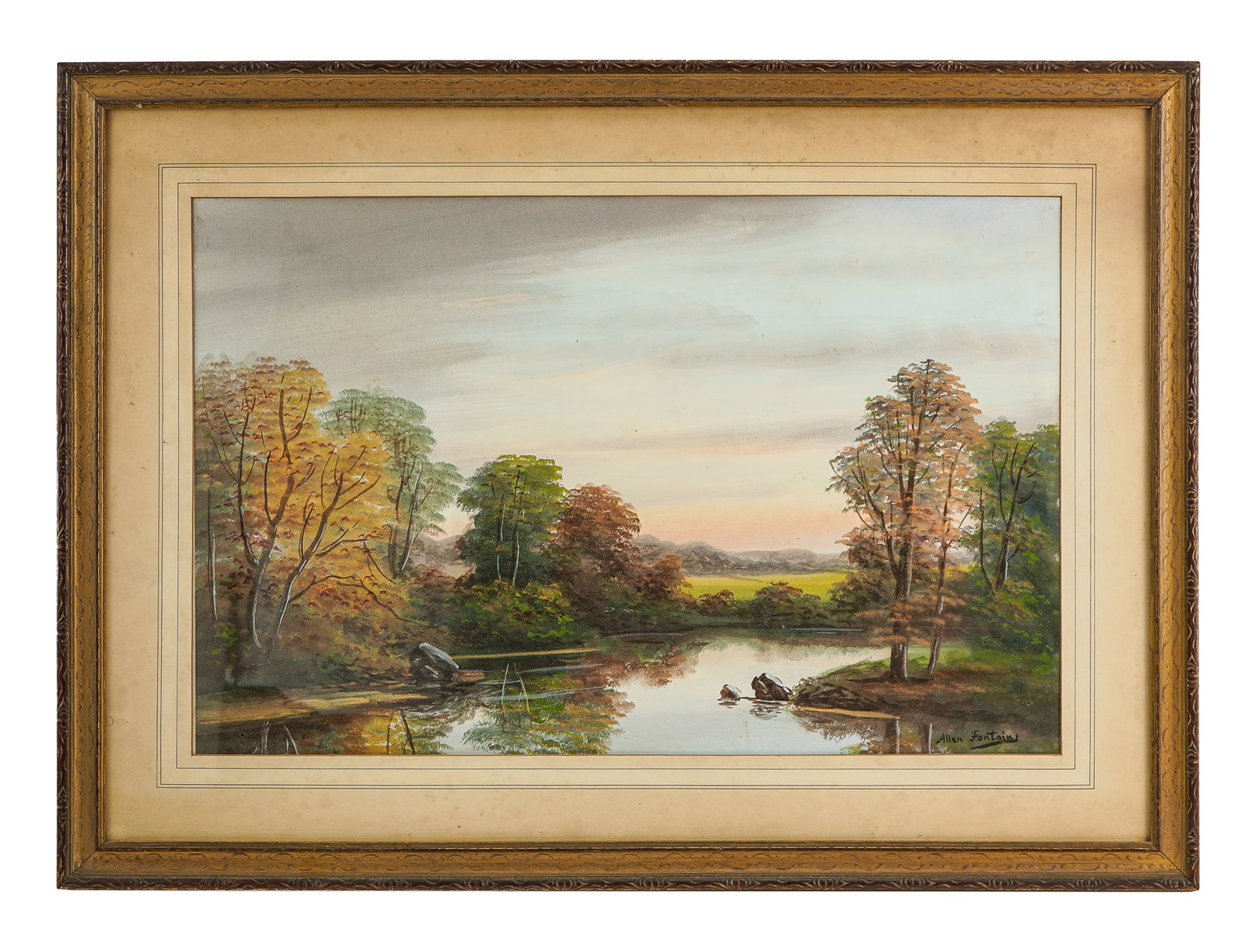 Fall Landscape by Allen Fontaine: Watercolor & gouache on paper, fall river landscape, signed Allen Fontaine (AM. 1861-1962). 37" x 27" outside of frame. Appears to have original frame and mat. Foxing, good condition. Predominately a