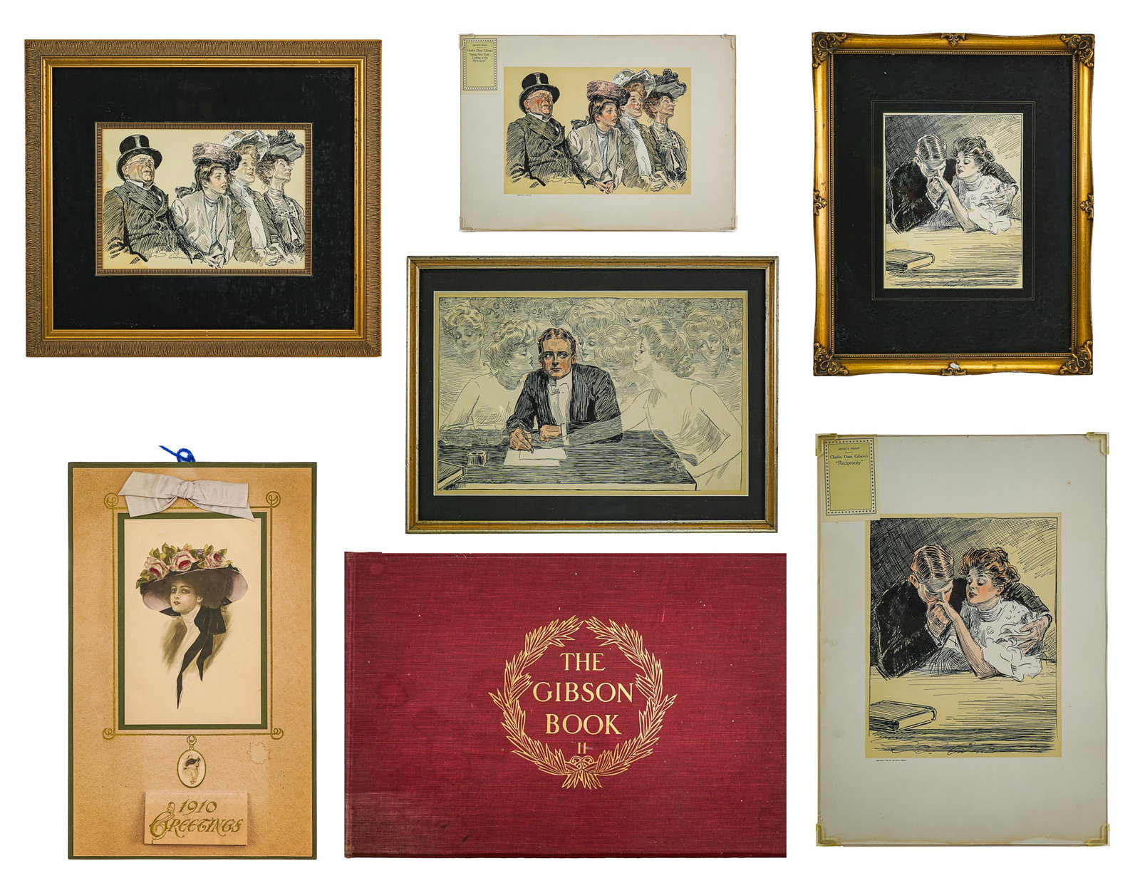 Dana Gibson Art: A group of Dana Gibson art including a copy of the Gibson Book II, a 1910 Calendar, glass framed print and a copy in a gilt frame with black mat titled "Seeing New York, Looking at the Skyscrapers",
