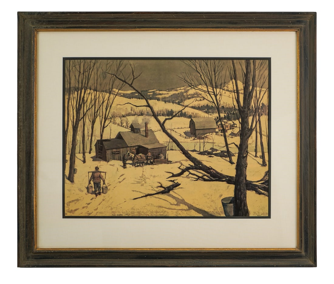 Paul Sample, Maple Sugaring Vermont: Mid 20th c scene of maple sugaring in Vermont. Print, by Paul Sample (VT 1896-1974). 17" x 22" image. Nice frame and mat, 27" x 32". Good condition.