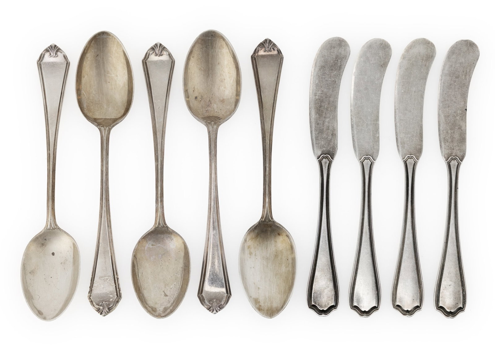 Sterling Silver Spoons and Butter Spreaders: Set of 5 early 20th c. sterling silver teaspoons and 4 Reed and Barton butter spreaders 5.5"-5.75" 6 ozt.