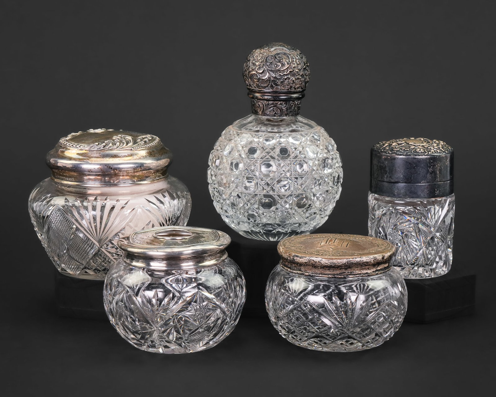 5 Sterling Silver and Cut Glass Dresser Items (1 of 1)