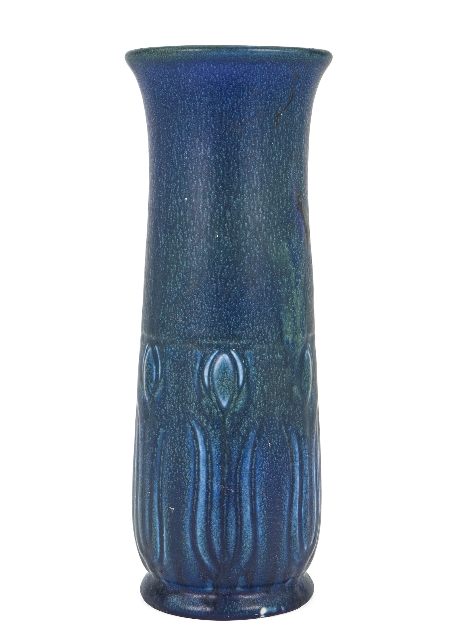 1919 Rookwood Blue Glazed Art Pottery Vase: 1919 Rookwood dark blue glazed art pottery vase with incised tulip decoration around base and flared rim, small ground glaze imperfection on base, otherwise good overall condition 10.5"-3.75"