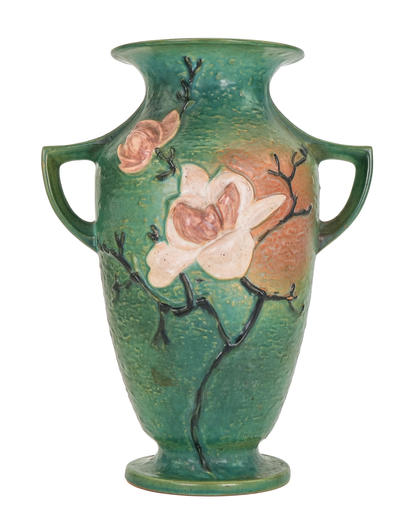 Large Roseville Magnolia Art Pottery Vase: Larged Roseville "Magnolia" pattern art pottery double handled vase with molded decoration. One handle discreetly repaired. 16.5"-13"