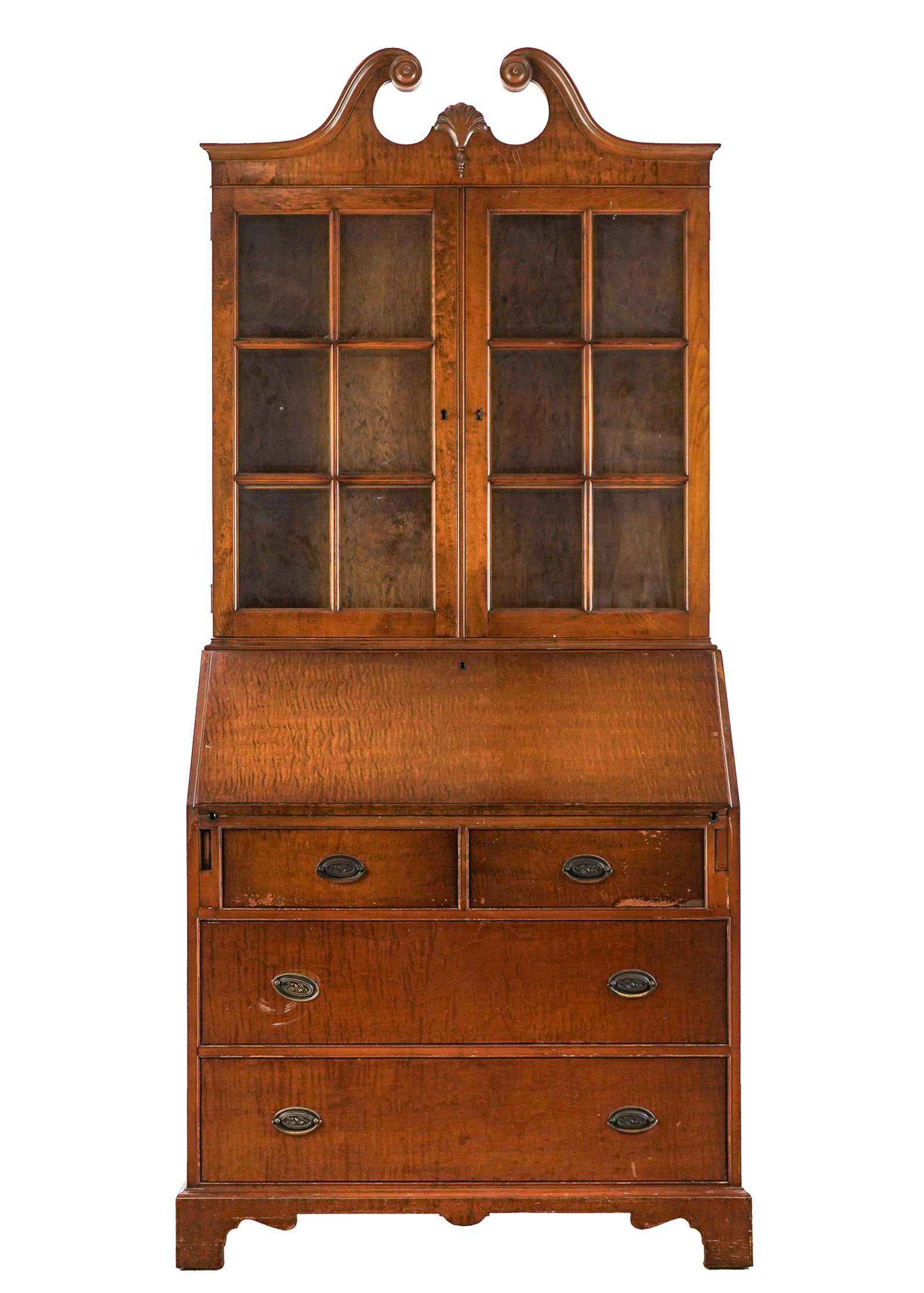 Tiger Maple Two Part Secretary: Mid 20th c tiger maple two part secretary. Upper section with broken arch top, 2 glazed 6 pane doors over slant front with 2 over 2 drawers and a bracelet base 83" h, 36"wide, 20" deep.
