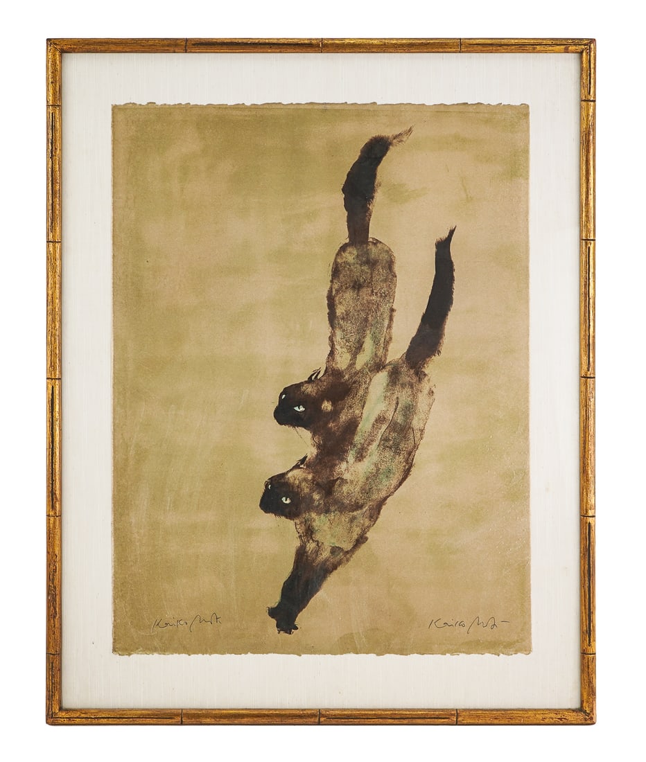 Aquatint, Two Cats, Kaiko Moti (1921-1989): Aquatint on paper titled "Two Cats", by Kaiko Moti(1921-1989). 20" x 26" image, signed, 26" x 33" outside frame. Born (Kaikobad Motiwalla) in Bombay, India on December 15, 1921, Moti was first