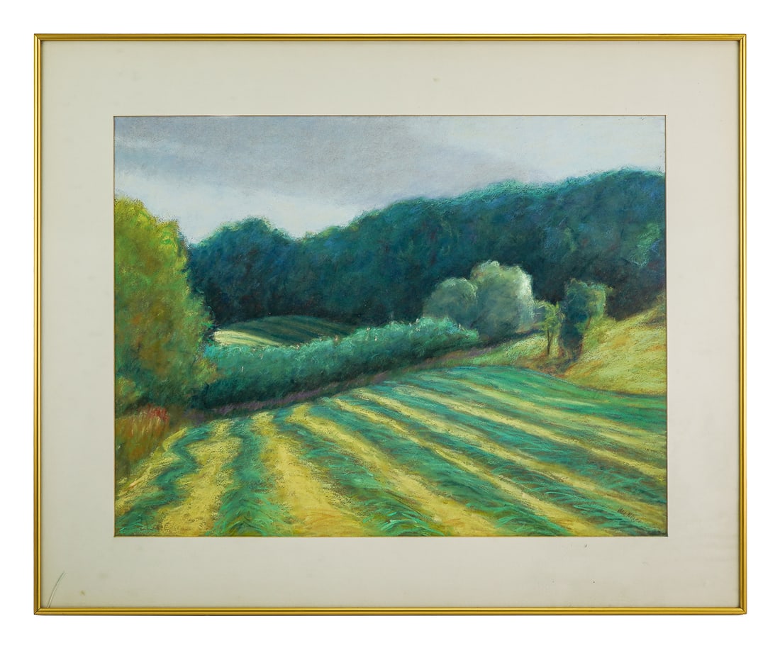 Pastel on Paper Impressionistic HayField, Virginia McNeice: 20th c pastel on paper, impressionistic summer fields, signed McNeice (NY 1936-2019). On reverse identified, Virginia McNeice Cambridge, NY "Cut Hayfield". 33" x 27" to outside frame.