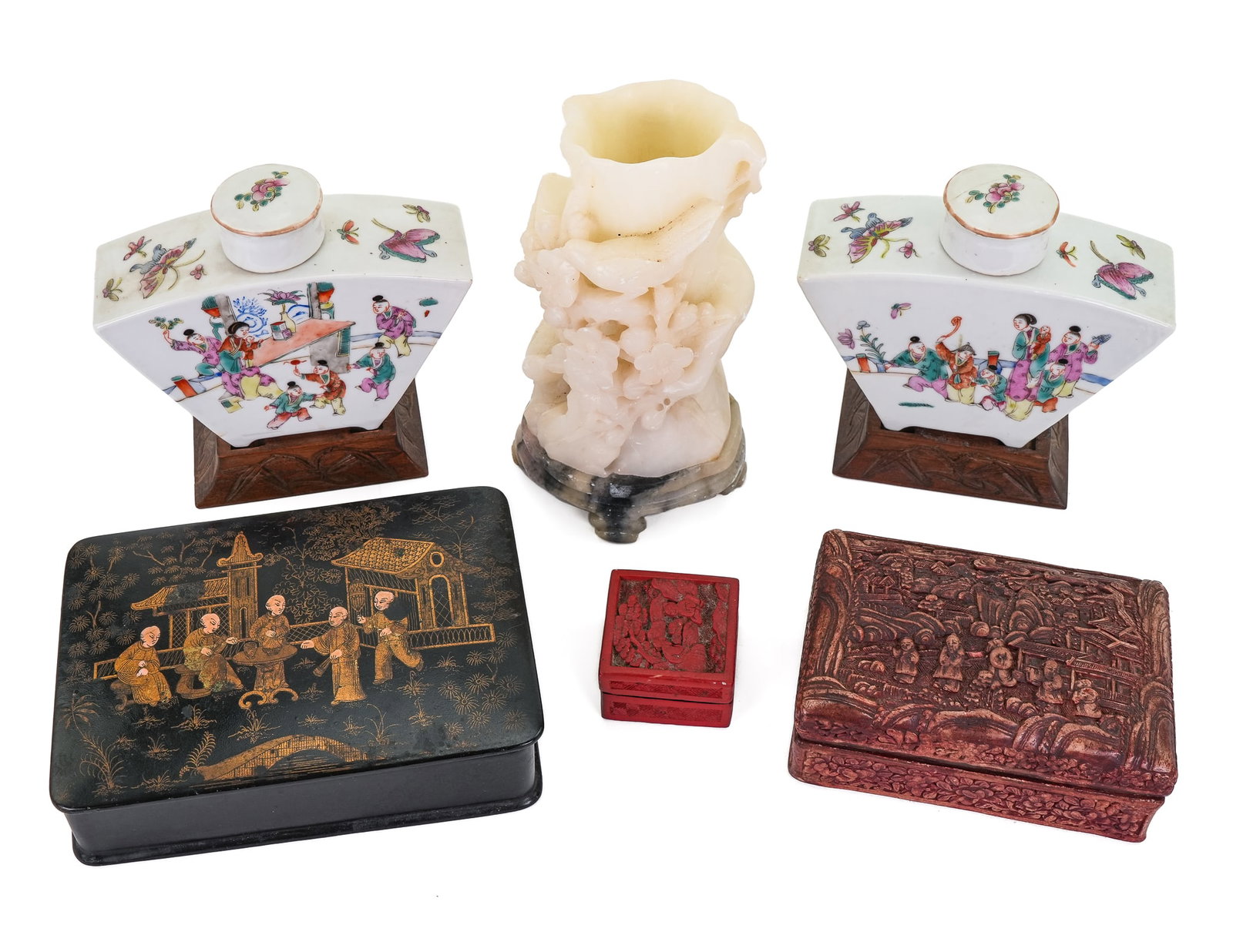 Asian Porcelain, Jade, & Lacquer: A group of Asian items including a pair of porcelain famille rose fan shaped jars with covers, wooden base, and 4 character marks on bottom, 7" w & 6" h with base. A gilt lacquer lift top desk box