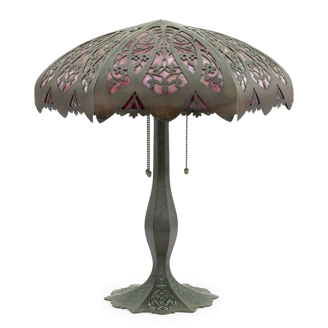 Purple Slag Glass Table Lamp: 6 panel purple slag glass table lamp with geometric patinated metal shade and patinated base with 6 sides and geometric designs. Older wiring. 16" diameter shade, 22" h. Shade and base in good
