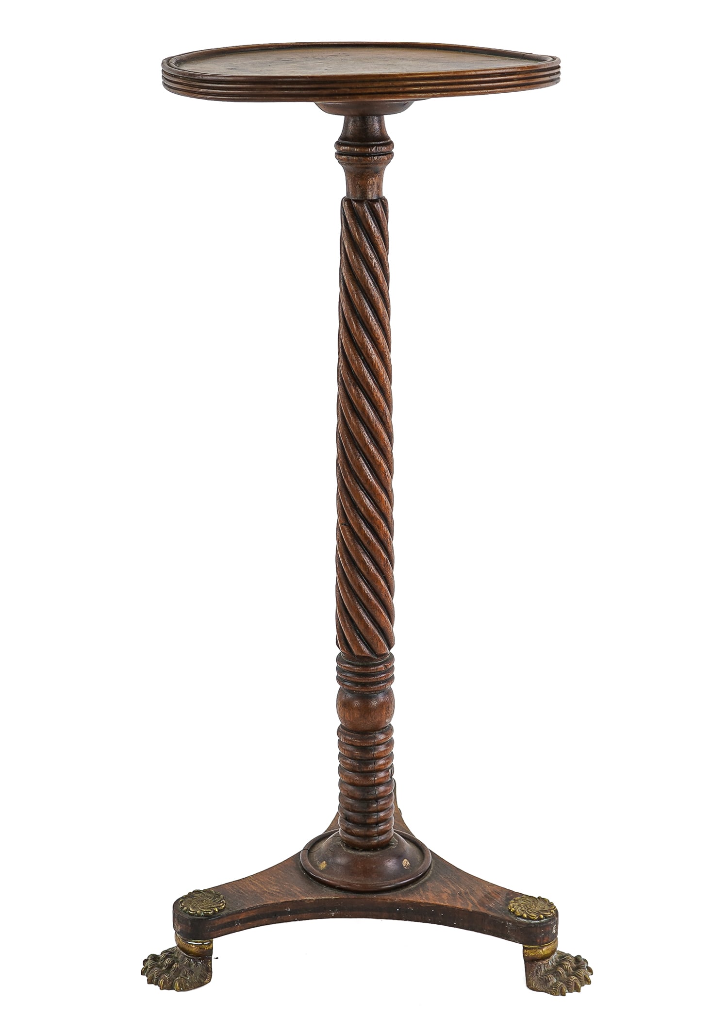 Mahogany Ormolu Mounted Fern Stand: Ca. 1900 mahogany fern stand with pie crust round 12" top, rope twist column, and a tri foot base with gilt claw feet and rosettes. 26" h.