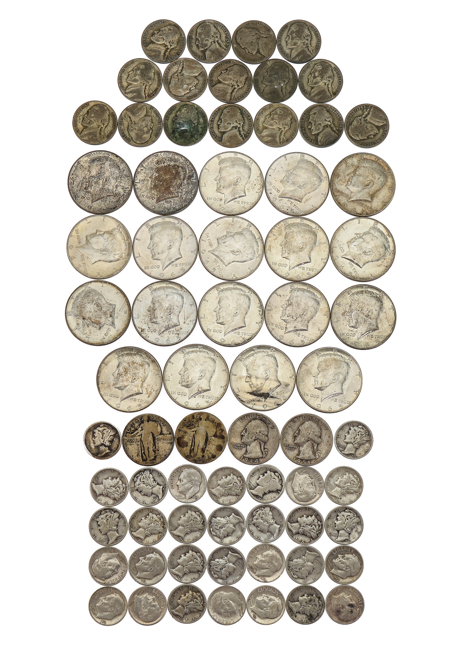 US 40% Silver Half Dollars: US 40% silver half dollars (19 pcs, all 1965), most uncirculated, not graded, sold with 4 US silver quarters and 30 US silver dimes