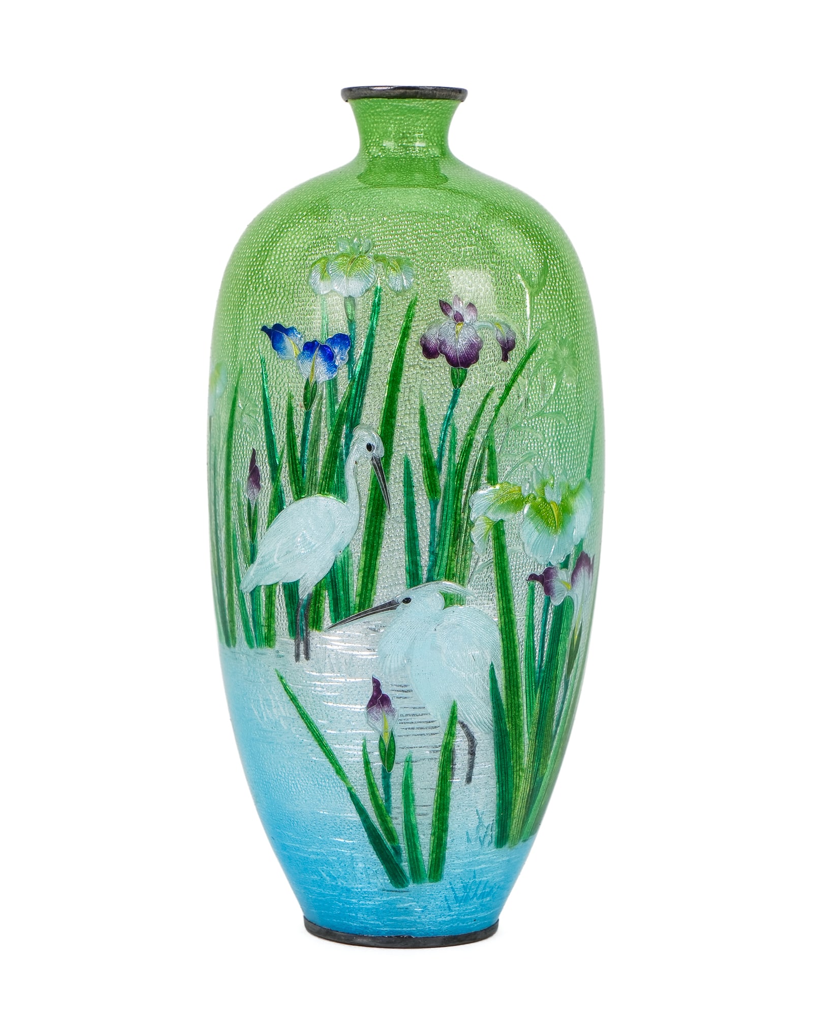 Japanese Ginbari Cloisonne Vase: Meiji Period Japanese Ginbari cloisonne vase, silver body, signed on base, with original export box, ht 5", box 3 1/2" x 3 3/4" x 6 3/4"