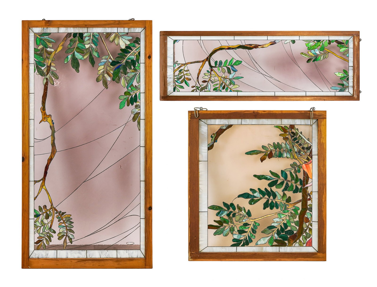 Contemporary 3 Piece Stained Glass Suite: Contemporary three piece stained glass suite (one cracked panel), signed Your Donskij (Kingston, NY Studio now closed),36" x 33", 67" x 24", 67" x 35"