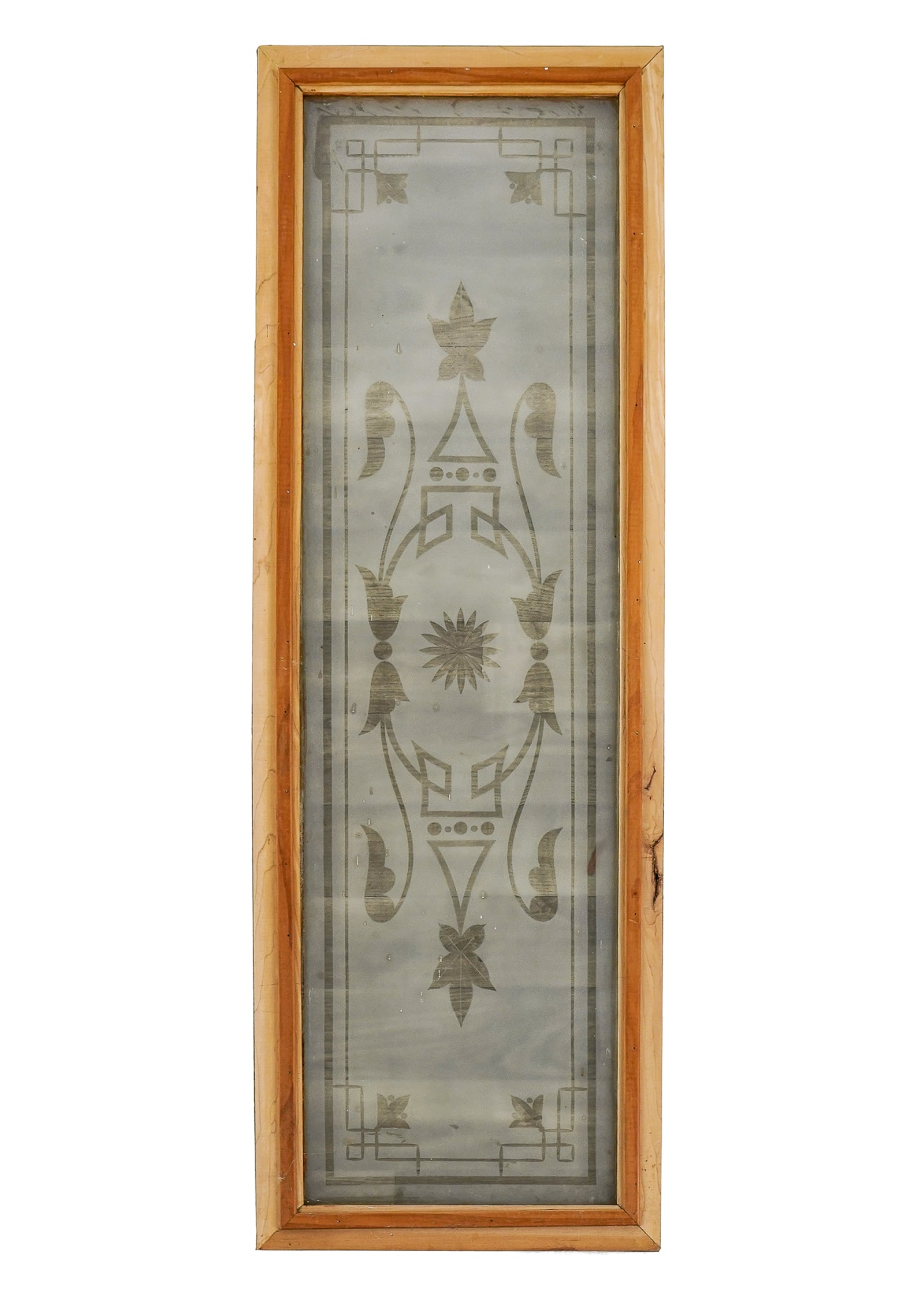 Contemporary Wheel Cut Glass Frosted Panel: Contemporary wheel cut frosted glass panel, overall 51" x 17 1/2"