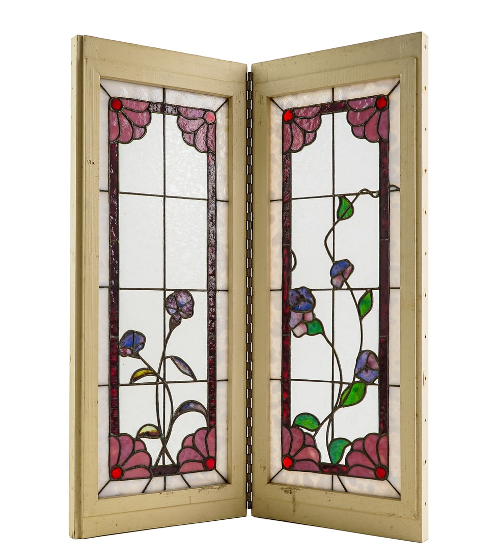 Contemporary Stained Glass Folding Panel: Contemporary stained glass folding panel, two section, 24 1/2" x 9 3/4"