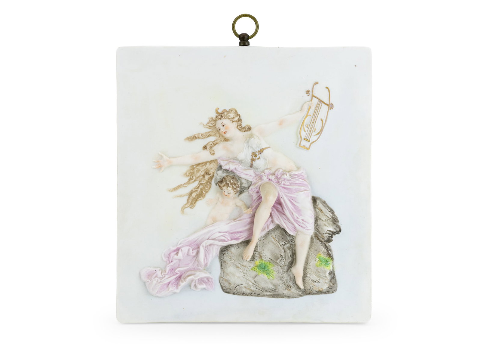 Dresden Bisque Bas Relief Plaque: Dresden blue mark Parian bisque bas relief plaque, 10" x 9 1/4"