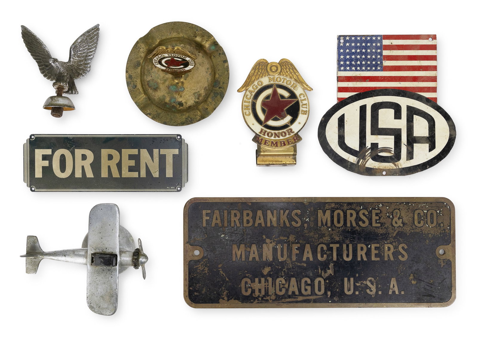 Automobilia, Signs, Advertising: Automobilia, small signs, and advertising, including Chicago Motor Club license plate tag and ashtray, airplane paperweight, Fairbanks-Morse plate, etc