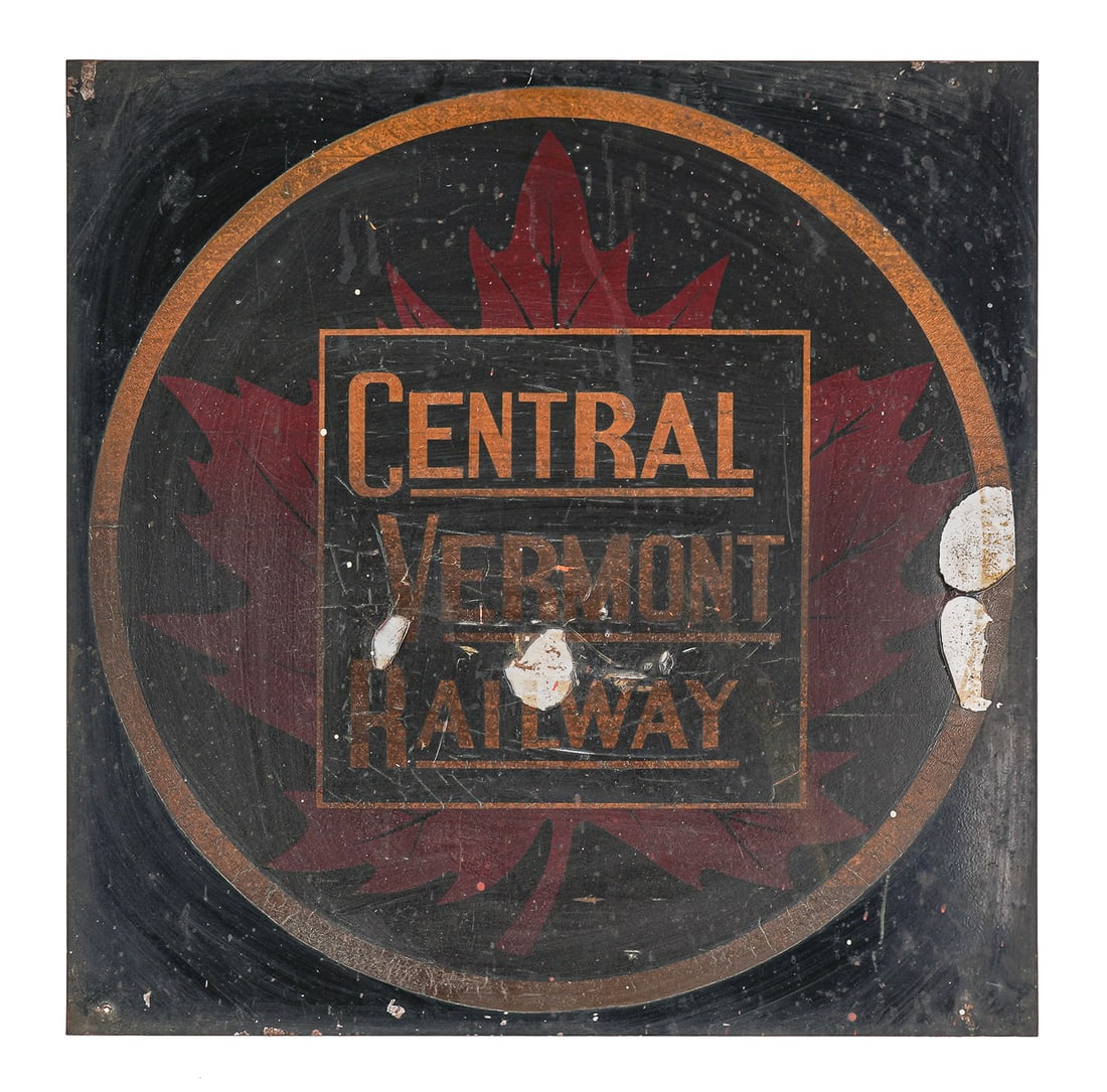 Central Vermont Railway Tin Sign: Central Vermont Railway tin sign, some flaking, 21" x 21"