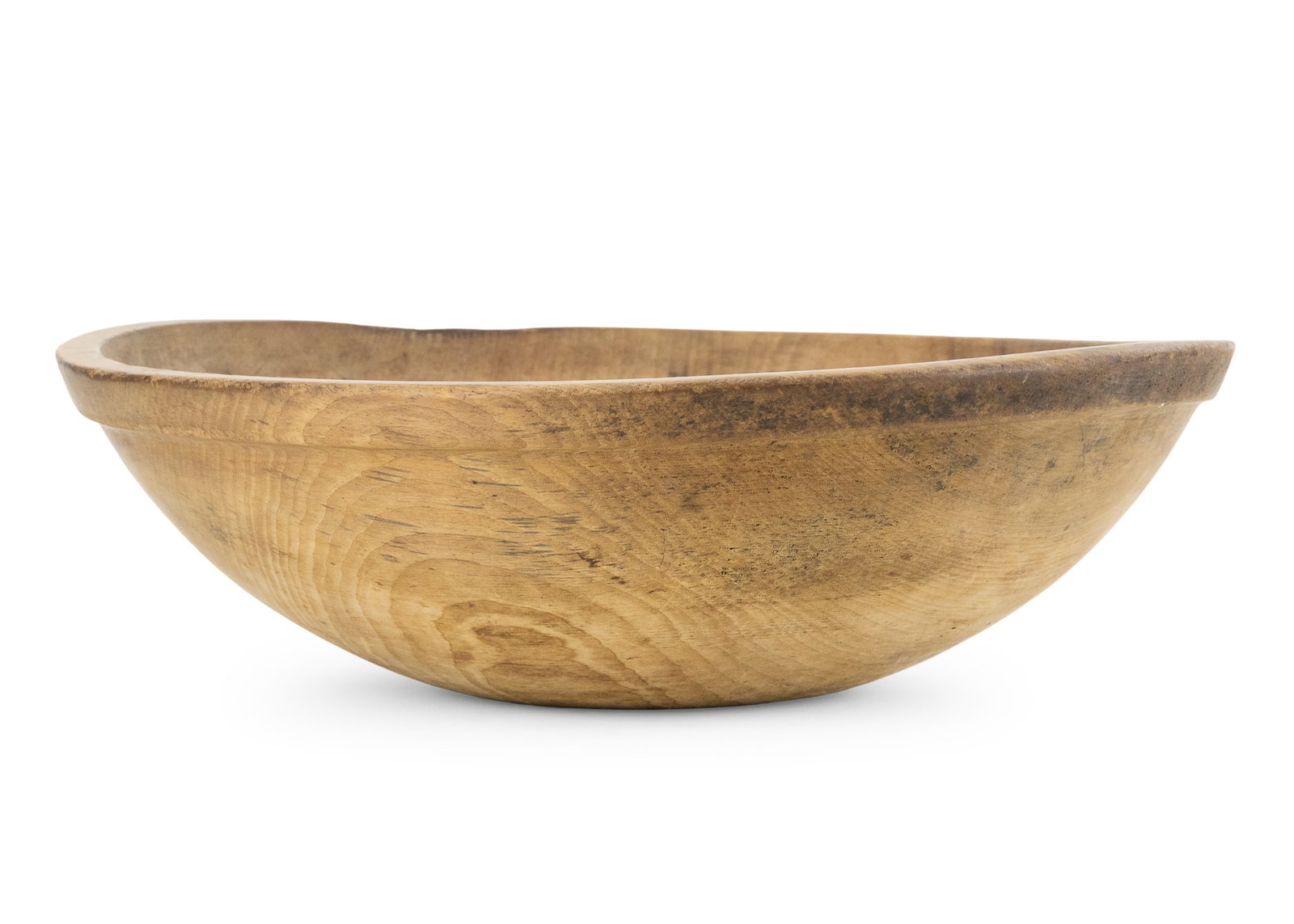Large Early 19th c Wooden Bowl: Large early 19th c turned wooden bowl with wide rim, 19 1/2" x 20" x 6"