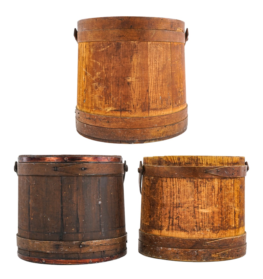 Three Wooden Firkins: Three wooden firkins (two without lids), hts 11", 11", 14"