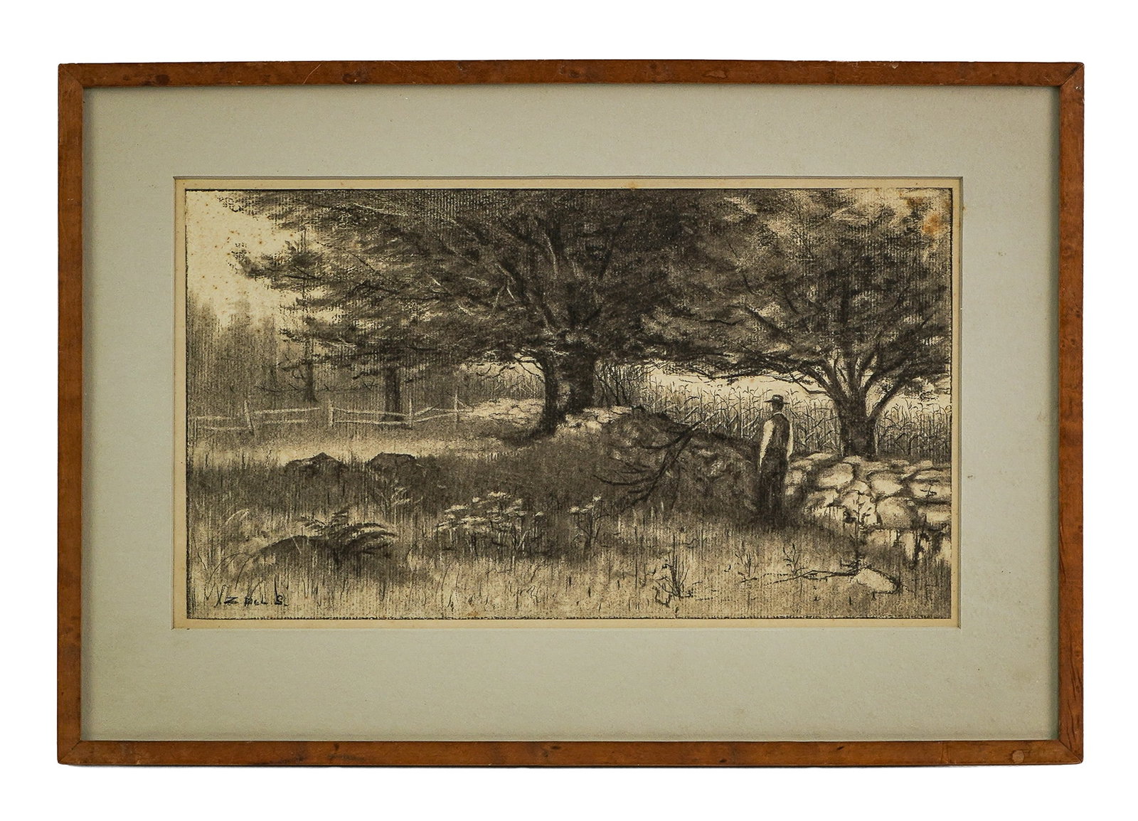 Charcoal 19th c Man Walking by Stonewall Signed Z Del S.: 19thc American charcoal on paper of man walking near stonewall in field. Signed Z Del S. Birdseye maple frame and modern mat. 16" x 11" outside frame.