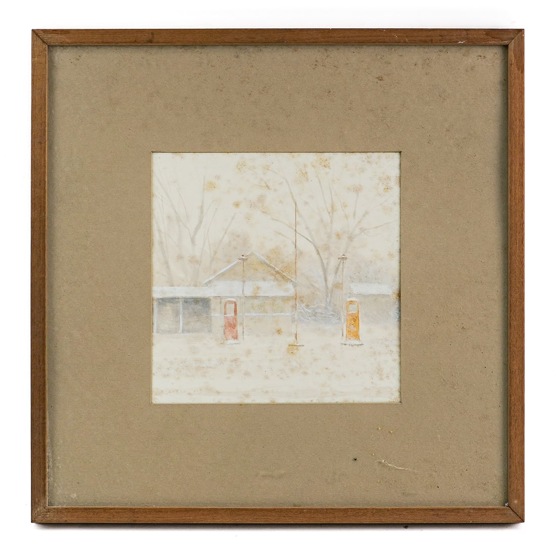 Watercolor Winter Gas Station, D Stein 85: Watercolor on paper of a gas station in winter. Signed D Stein 85'. Title on reverse "Spring Glen". State College PA framing tag. 16" x 16" outside of frame.