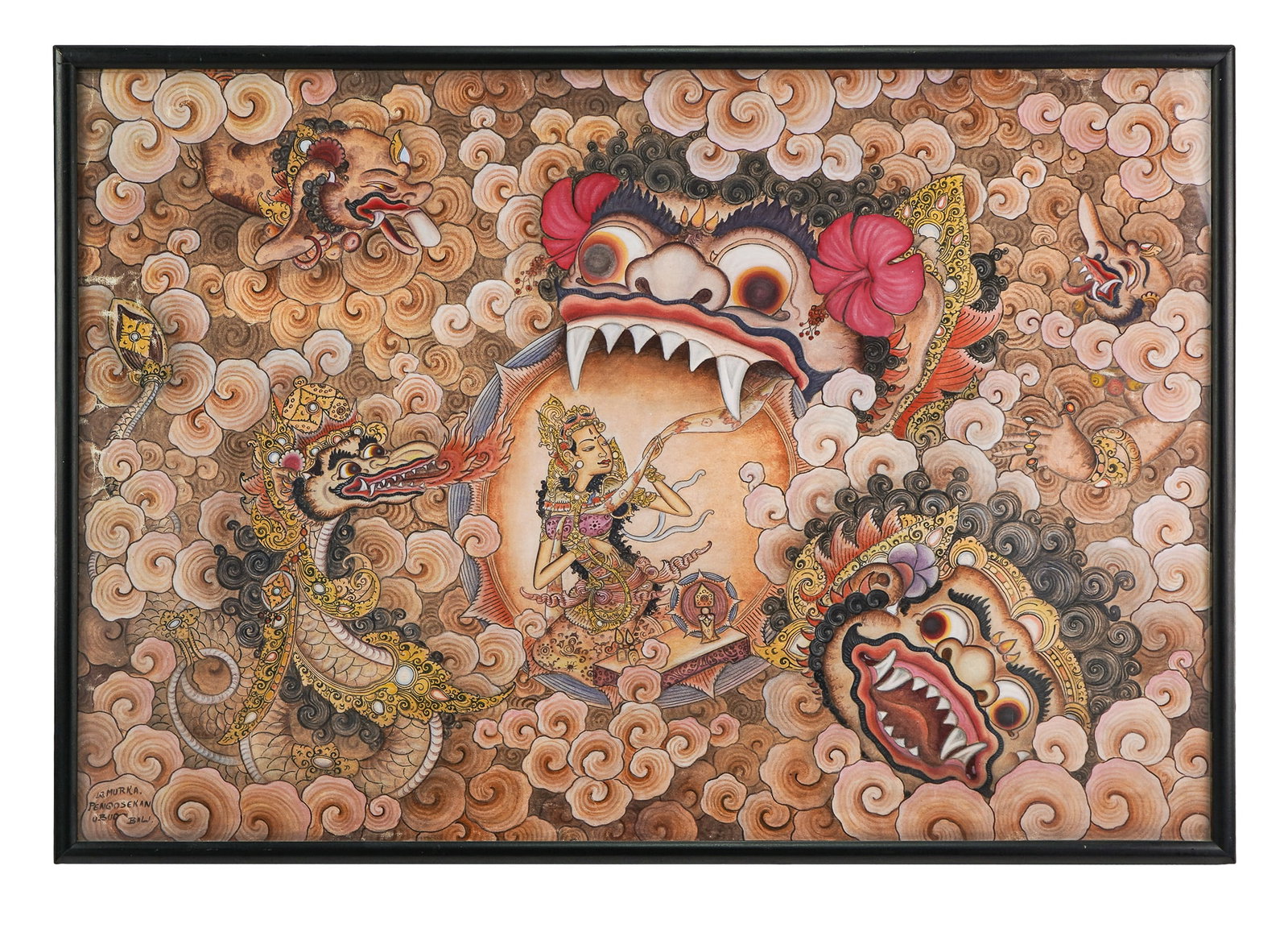 Lunar Eclipse, by Wayan Muska: 20th c Indonesia watercolor on paper of woman and dragons, titled "Lunar Eclipse", signed W Murka. Pengosekan Ubud, Bali. By Wayan Murka. 27" x 39" outside frame. The image depicts the Goddess of the