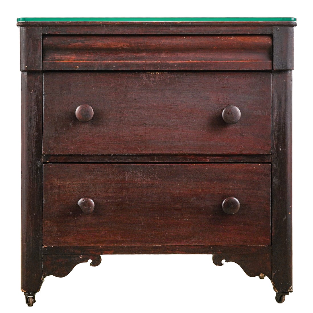 Small Empire 3 Drawer Chest: Funky little Empire 3 drawer chest with shaped skirt, old finish, comes with modern plate glass rounded corners top, 30" x 16" x 30 1/2"
