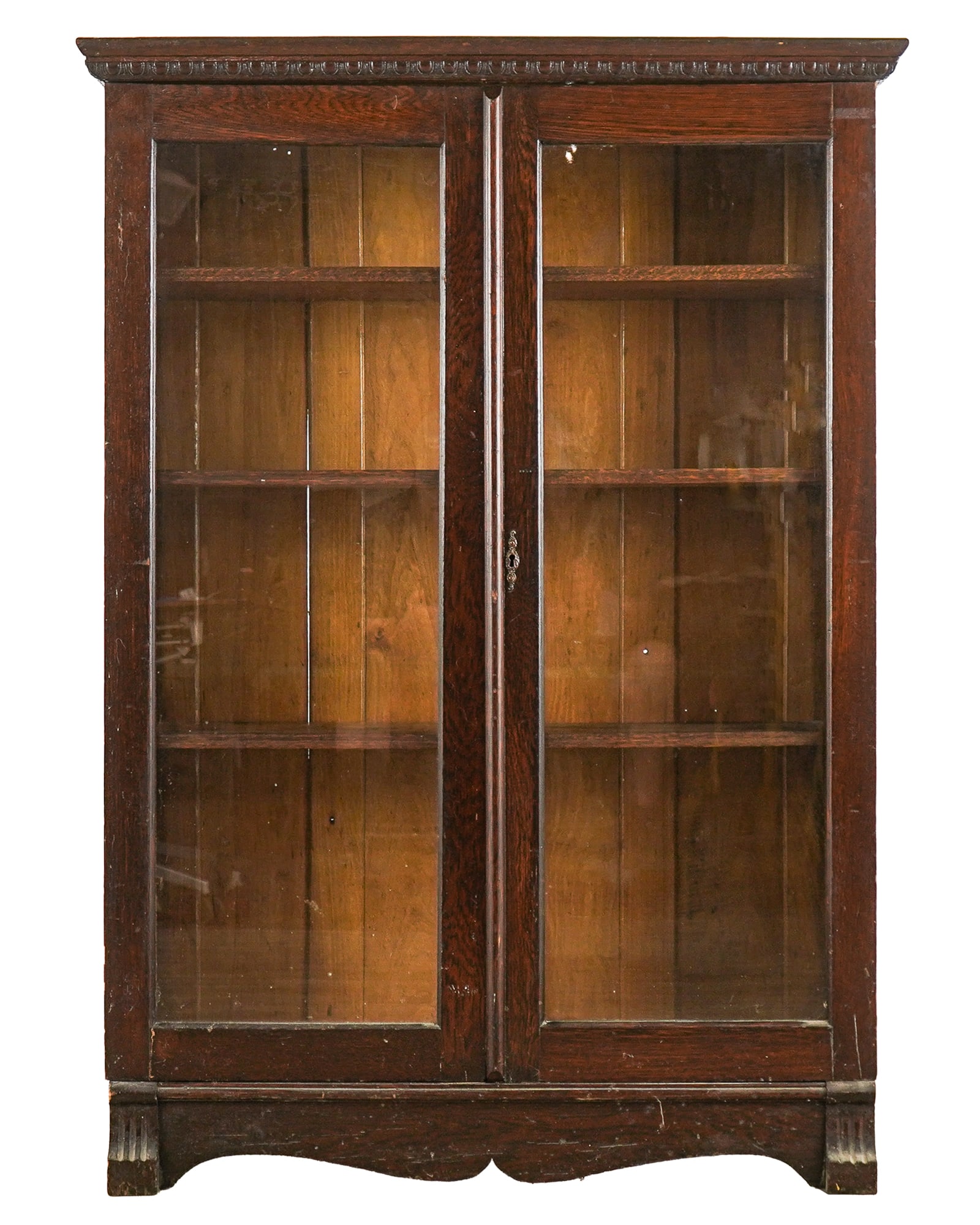 Oak 2 Door Bookcase: Ca 1900 oak 2 glass door bookcase, top finish bubbled, 38" x 12" x 54"