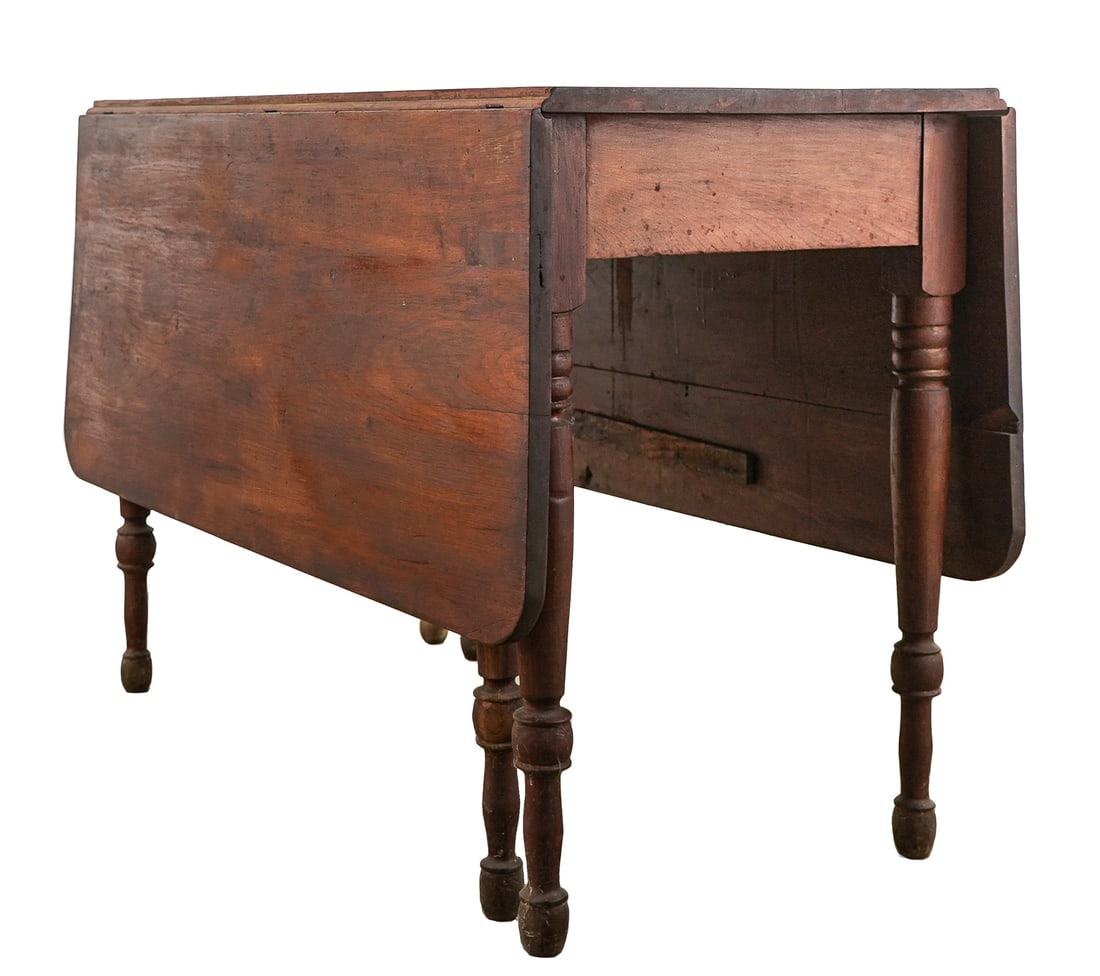 Country Banquet Table End: Country Sheraton 5 leg banquet table end, birch, one long drop leaf, length 47", lower case 21" x 40" x 29"