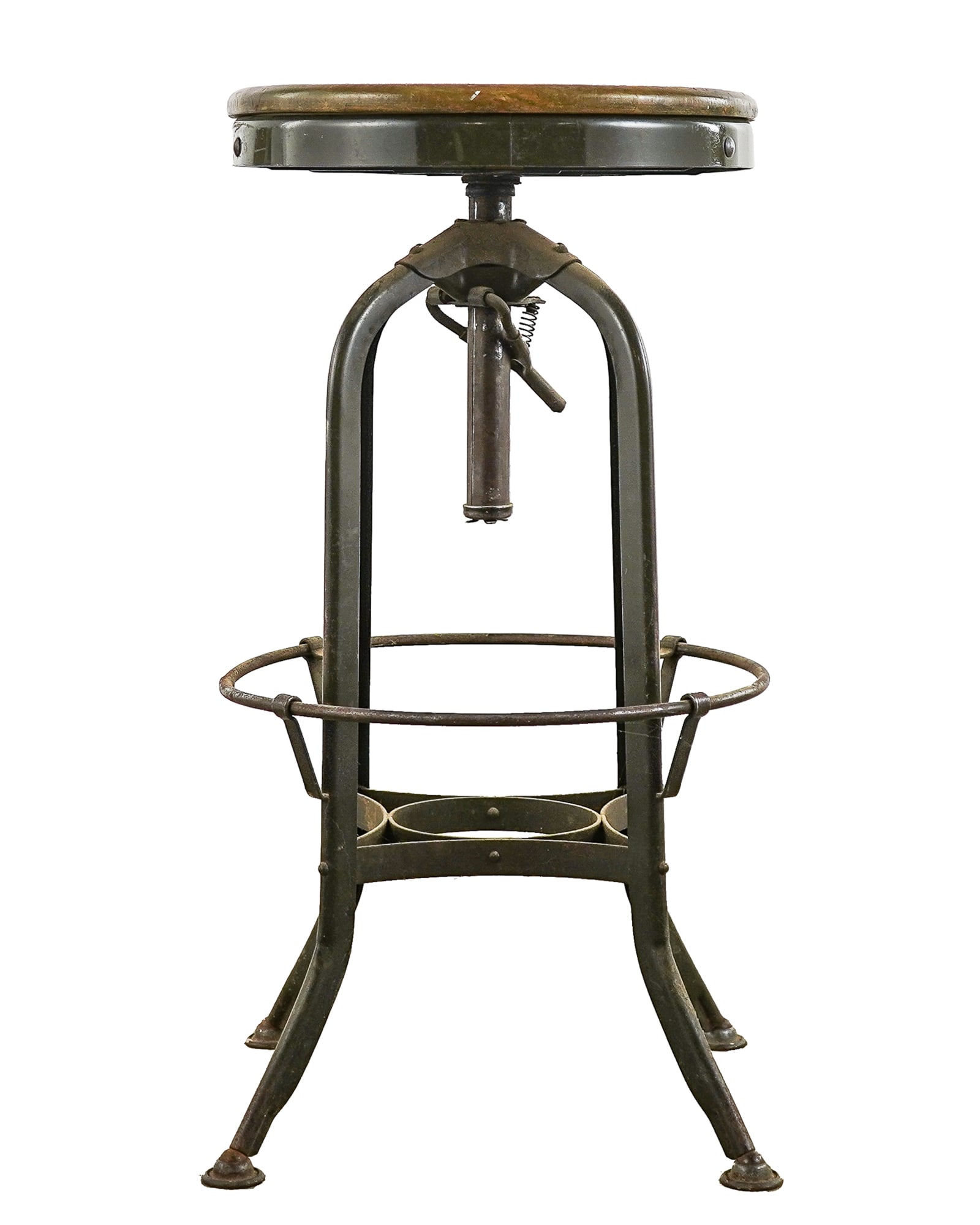 Industrial Iron Swivel Top Stool: Industrial iron stool with 4 hoof feet, iron frame, and a round wood seat top that swivels. 15" diameter, 29"h. Good condition.