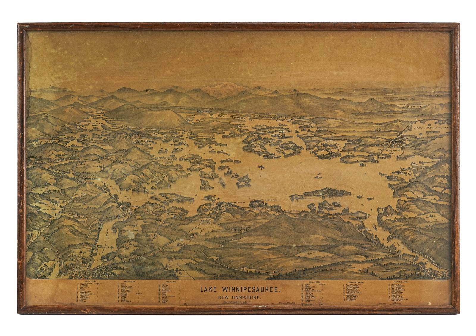 1903 Birdseye View Lake Winnipesaukee New Hampshire: 1903 Birdseye View Lake Winnipesaukee New Hampshire, by George Walker & Co Boston, MA, colored lithograph. With key identifying islands, mountains, and settlements. 28" x 19" to outside frame. Foxing,
