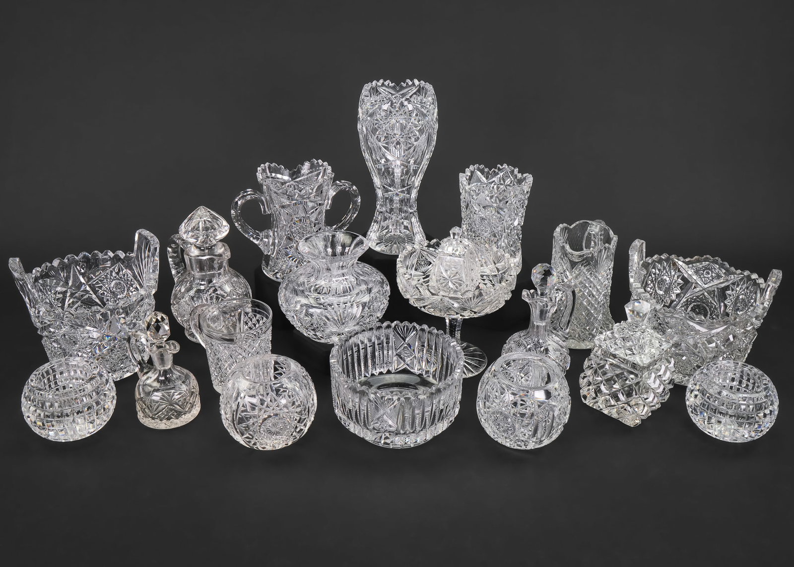 Collection of 18 ABCG Cut Glass Novelty Items: Collection of 18 ABCG American Brilliant Period Cut Glass novelty items including scarce diamond cut child's mug, unusual mayonnaise cruet, spooners, two ice buckets, tazza, vase, rose bowls, etc.