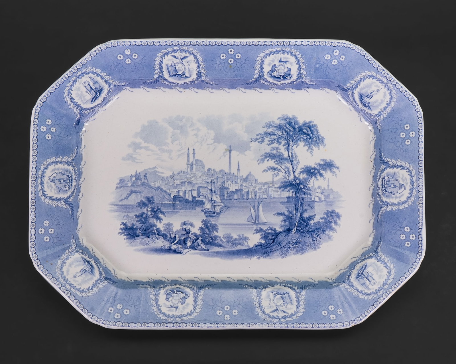 19th c. Blue Staffordshire Transferware Platter: Large mid 19th c. Mellor Venables and Co. English Staffordshire porcelain octagonal serving platter having light blue transfer decoration of a stylized Orientalist view of Istanbul, surrounded by