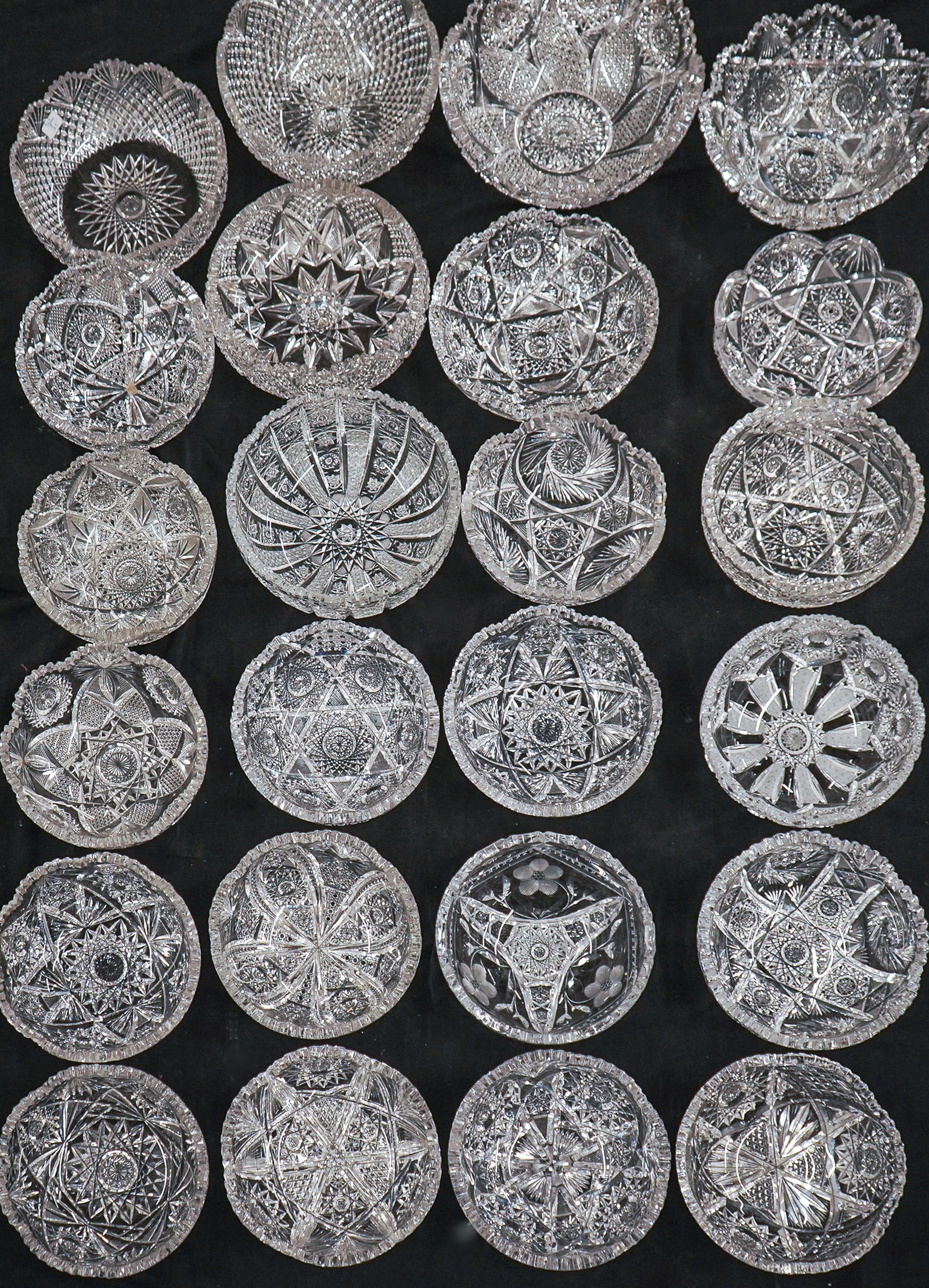 24 Cut Glass Bowls: 24 Brilliant Cut Glass bowls in overall good condition, most 8-10" diameter